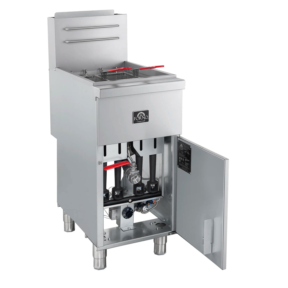 Commercial stainless gas deep fryer with internal burners and piping, side cabinet open