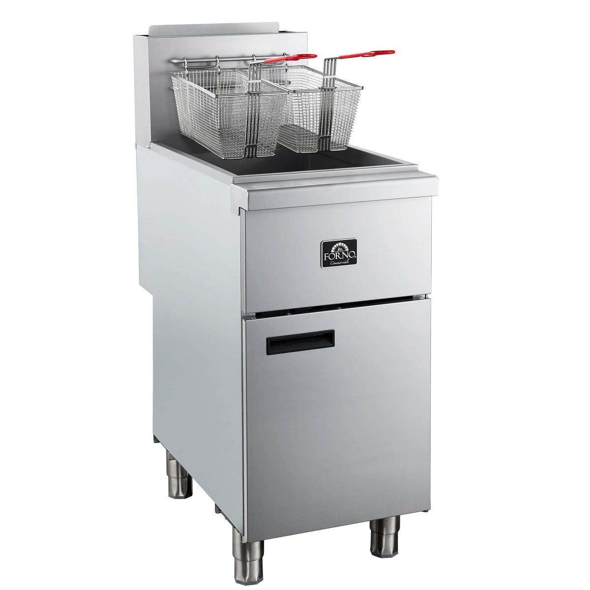 Commercial stainless gas deep fryer with three wire baskets and red handles, front 3/4 view