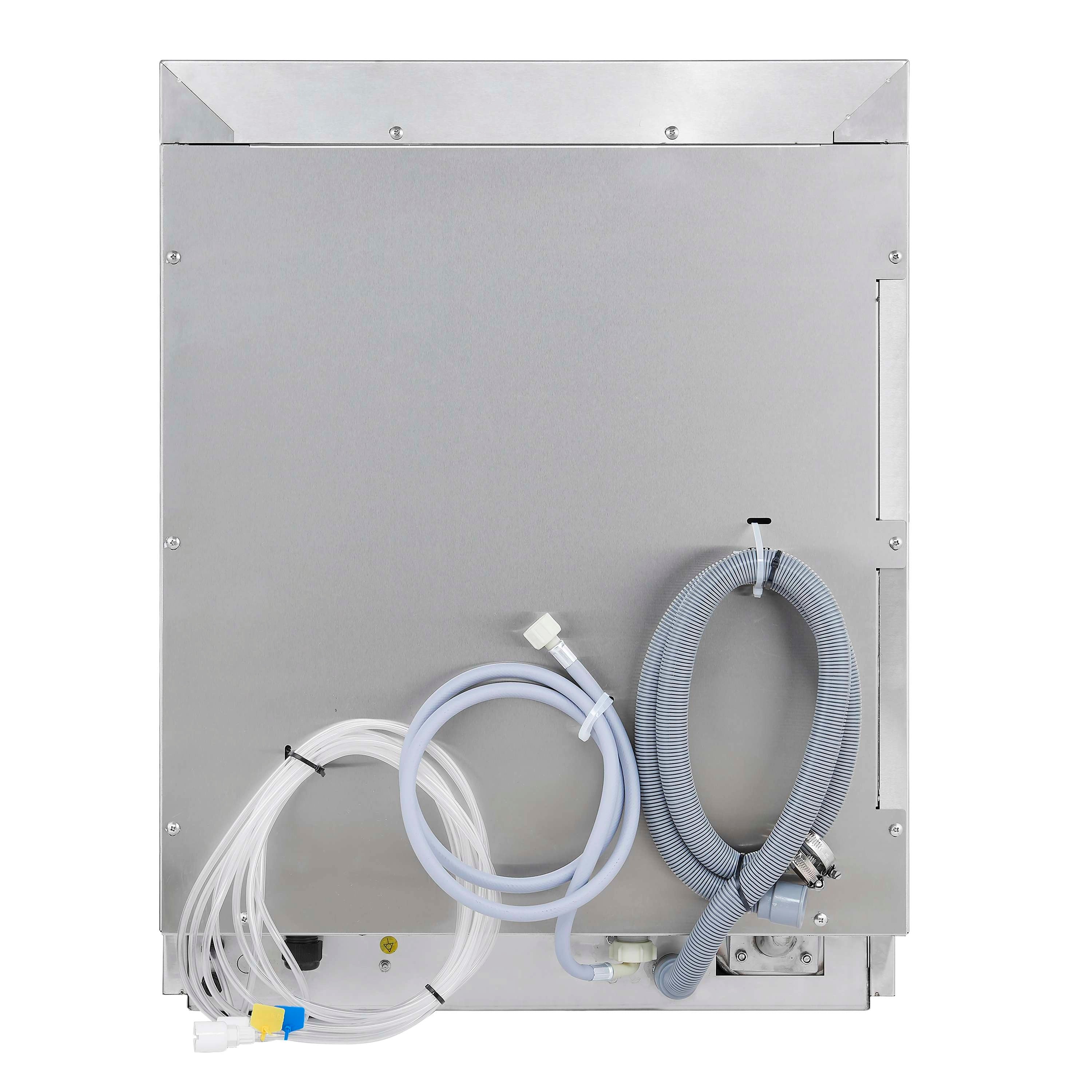Undercounter dishwasher rear connections with power and hose fittings