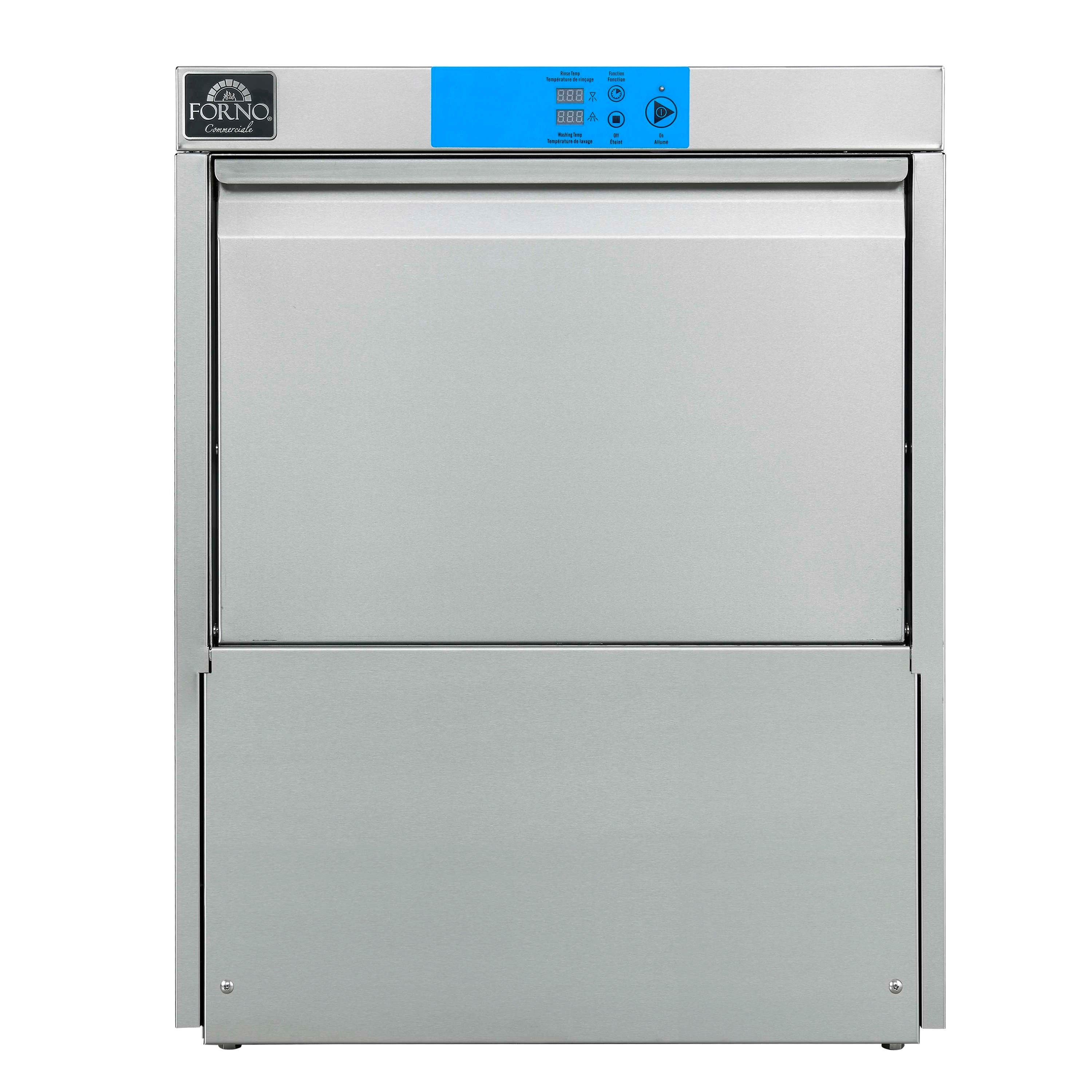 Stainless steel commercial undercounter dishwasher with front door and blue control panel