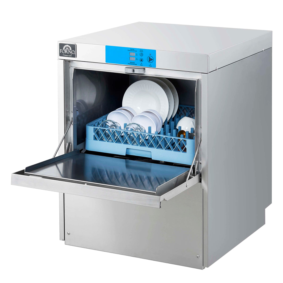 Stainless steel undercounter dishwasher open with blue rack and white dishes
