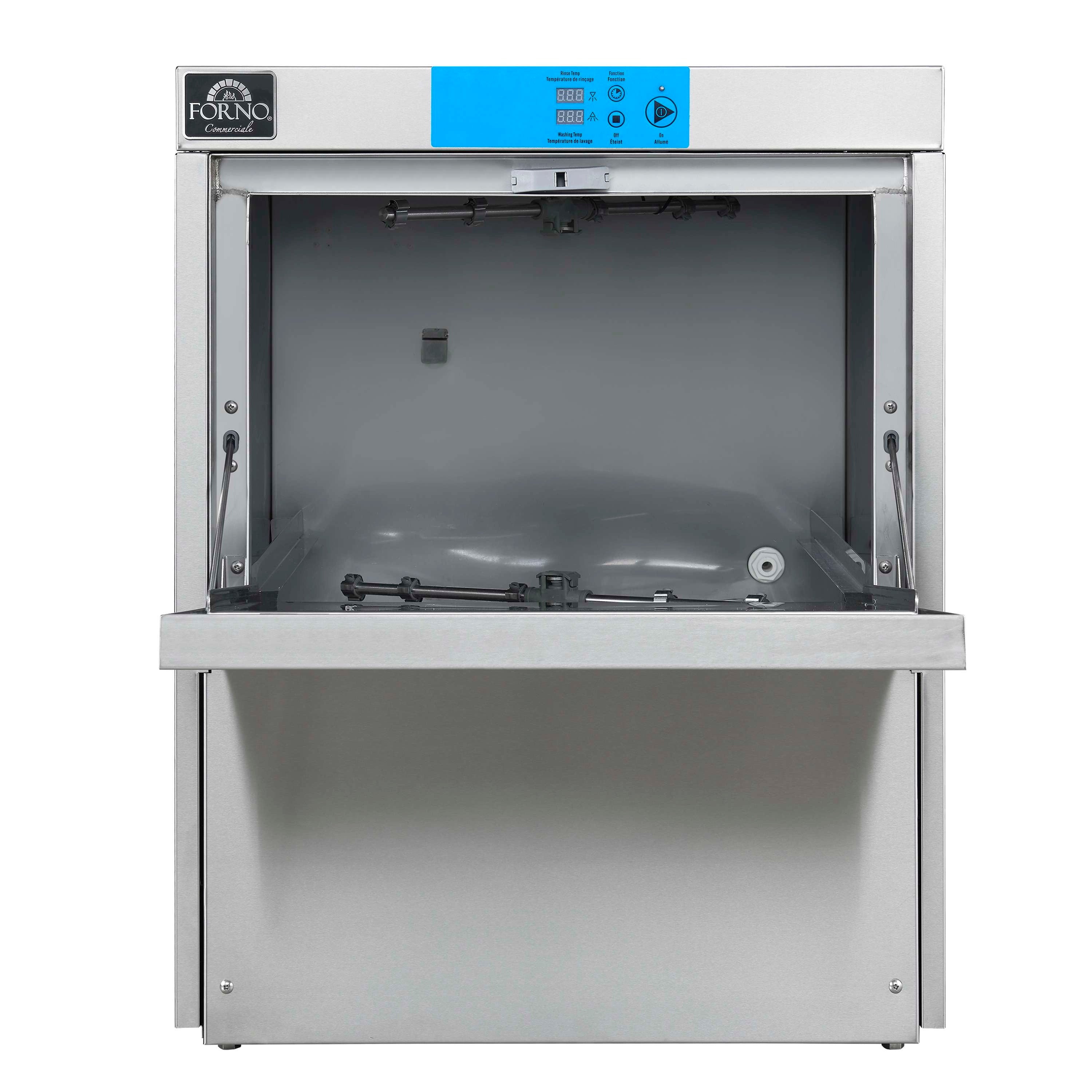 Stainless steel undercounter dishwasher open door, interior tub view