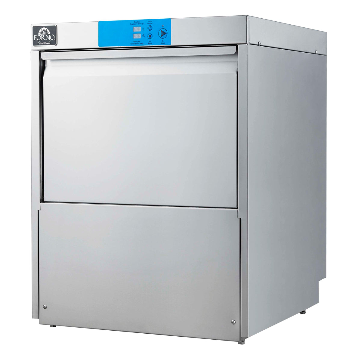 Stainless steel undercounter dishwasher with blue control panel, front view