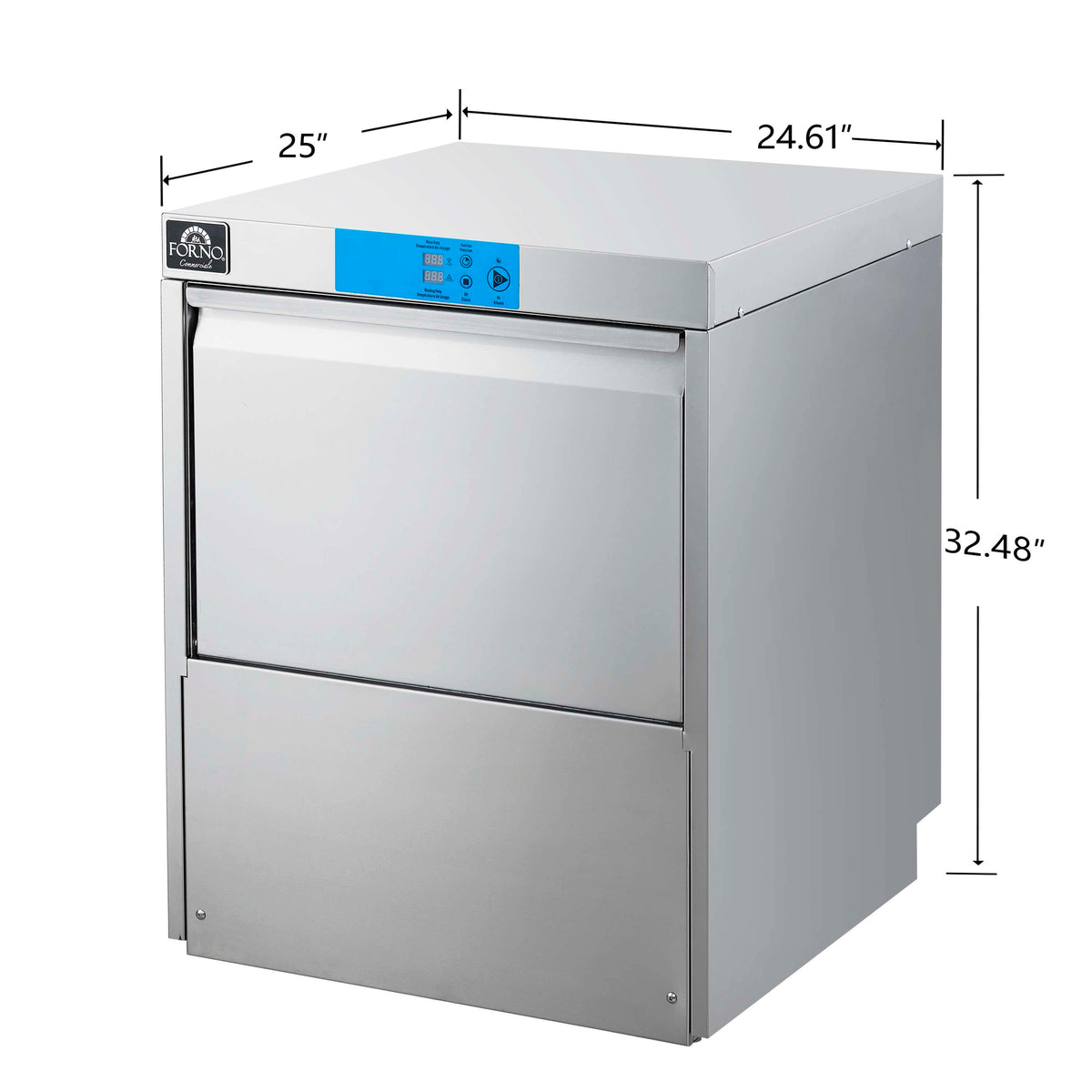Stainless steel undercounter dishwasher with blue control panel, side view