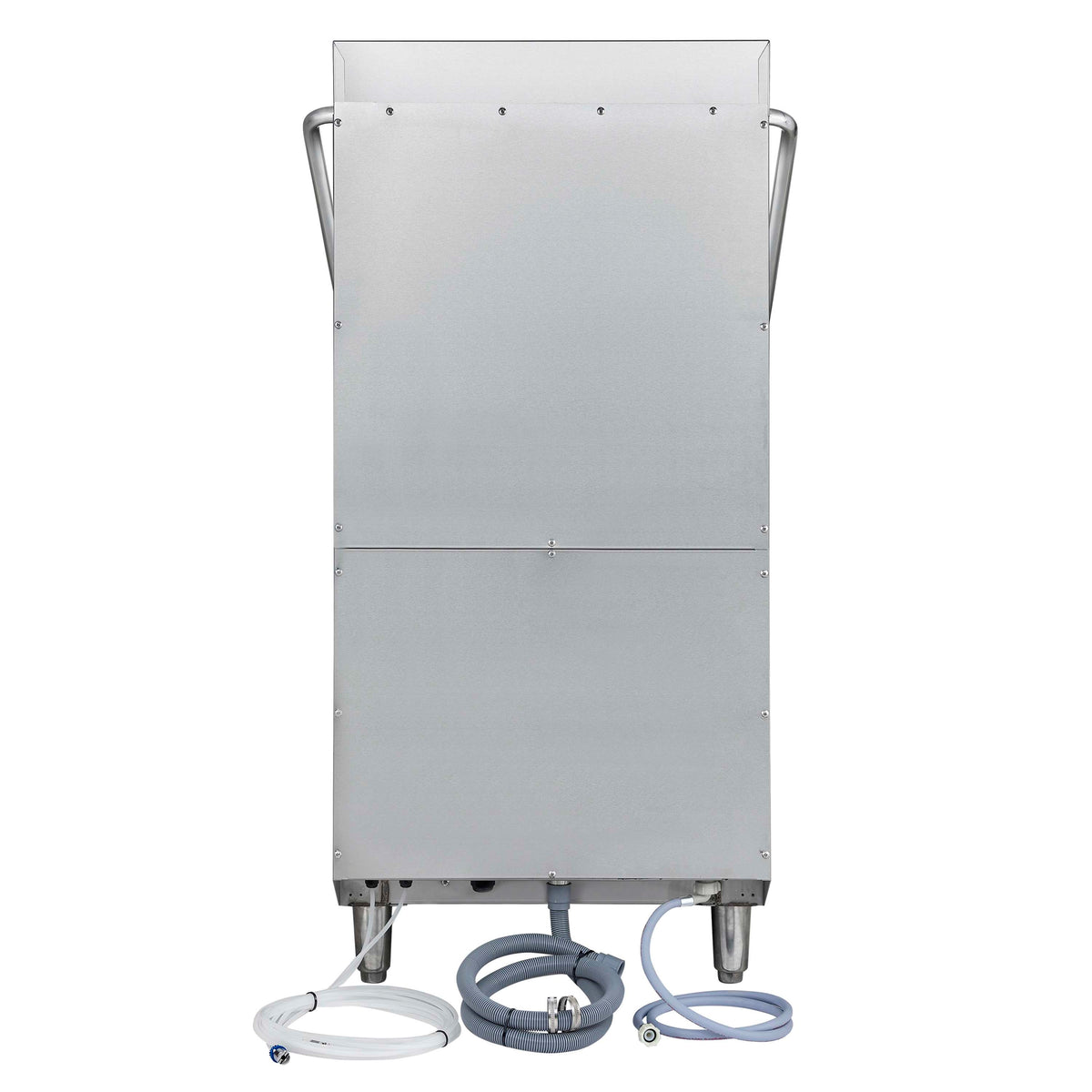 Commercial hood dishwasher with power cord and flexible hoses stored under the unit