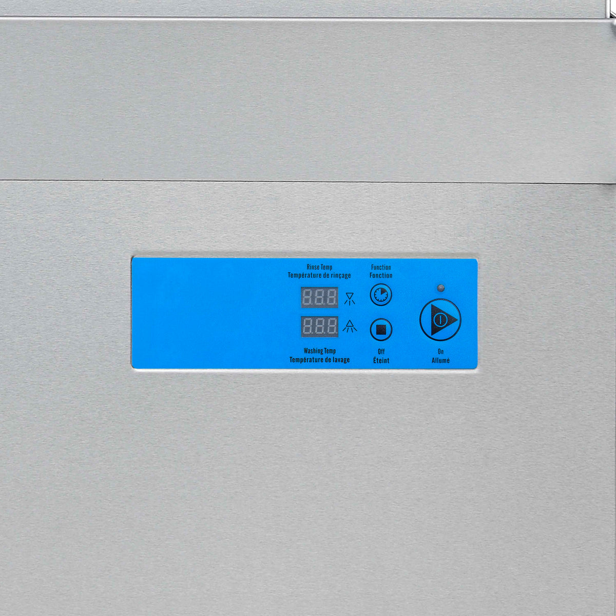 Blue control panel with buttons and indicators on stainless commercial dishwasher