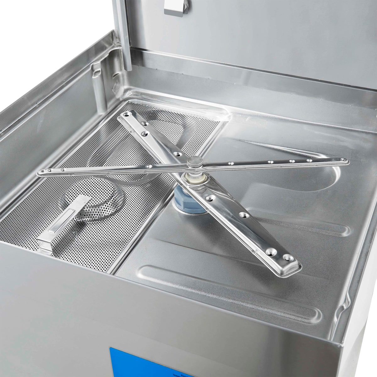 Stainless interior with spray arm, drain filter, and wash compartment on hood dishwasher