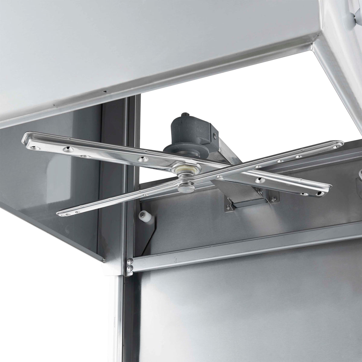 Open hood dishwasher with stainless interior wash arm and hinge mechanism