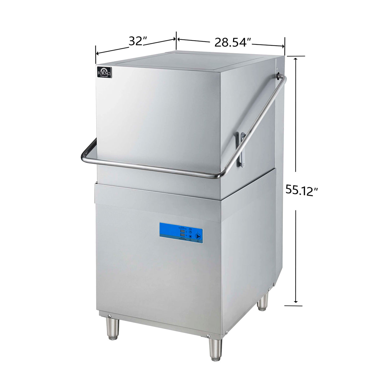 Stainless steel commercial hood dishwasher with digital control panel and side handle