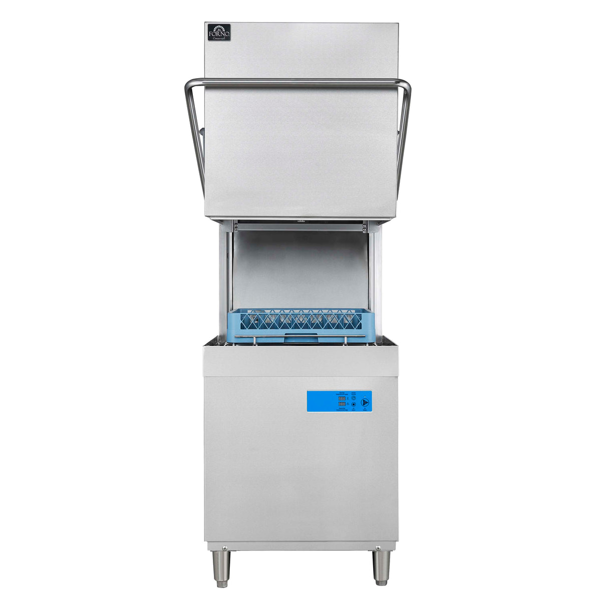 Commercial hood dishwasher in stainless steel with open top and lower door