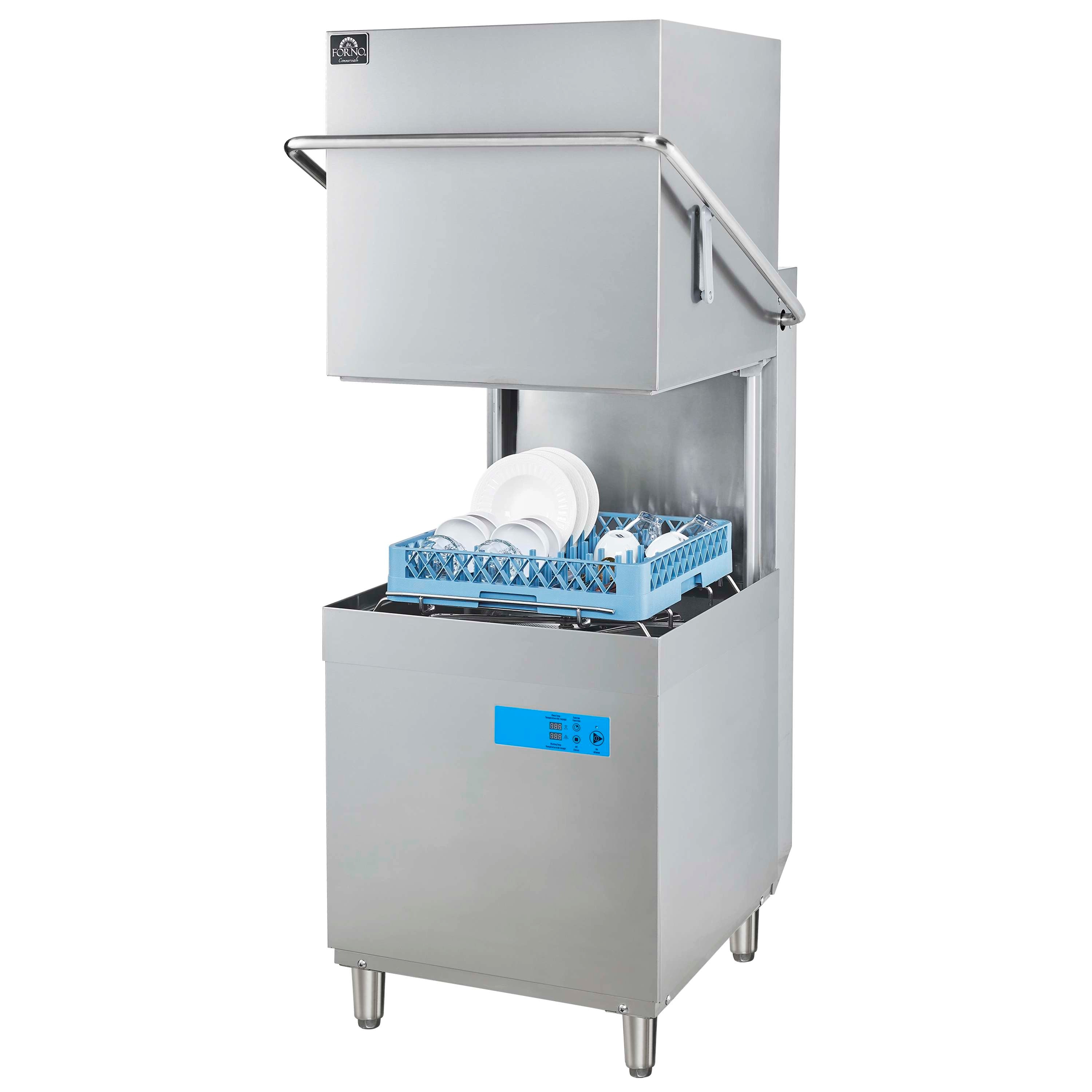 Commercial hood dishwasher with open hood and blue control panel on stainless body