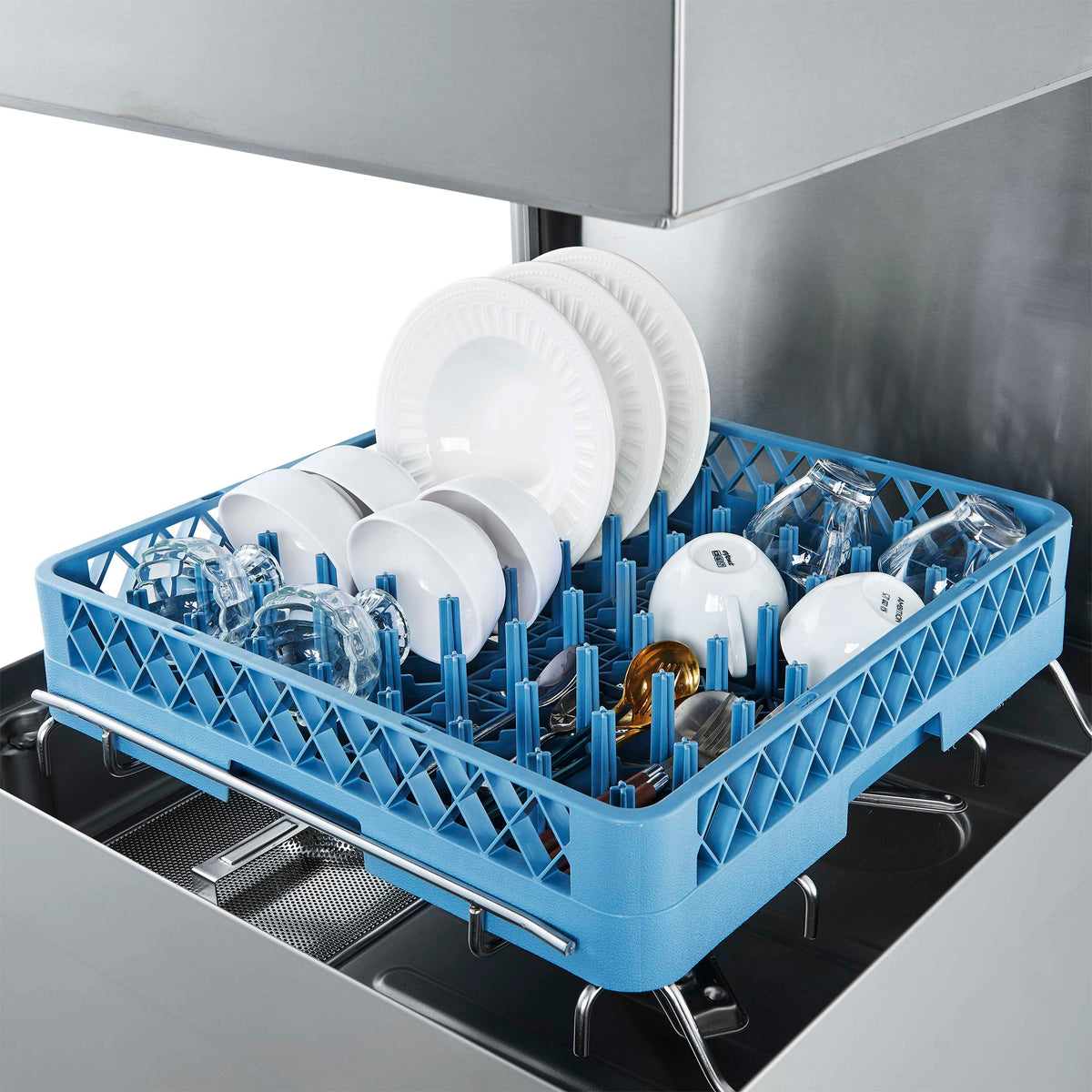 Open dishwasher rack with blue plastic basket and stacked plates and glasses