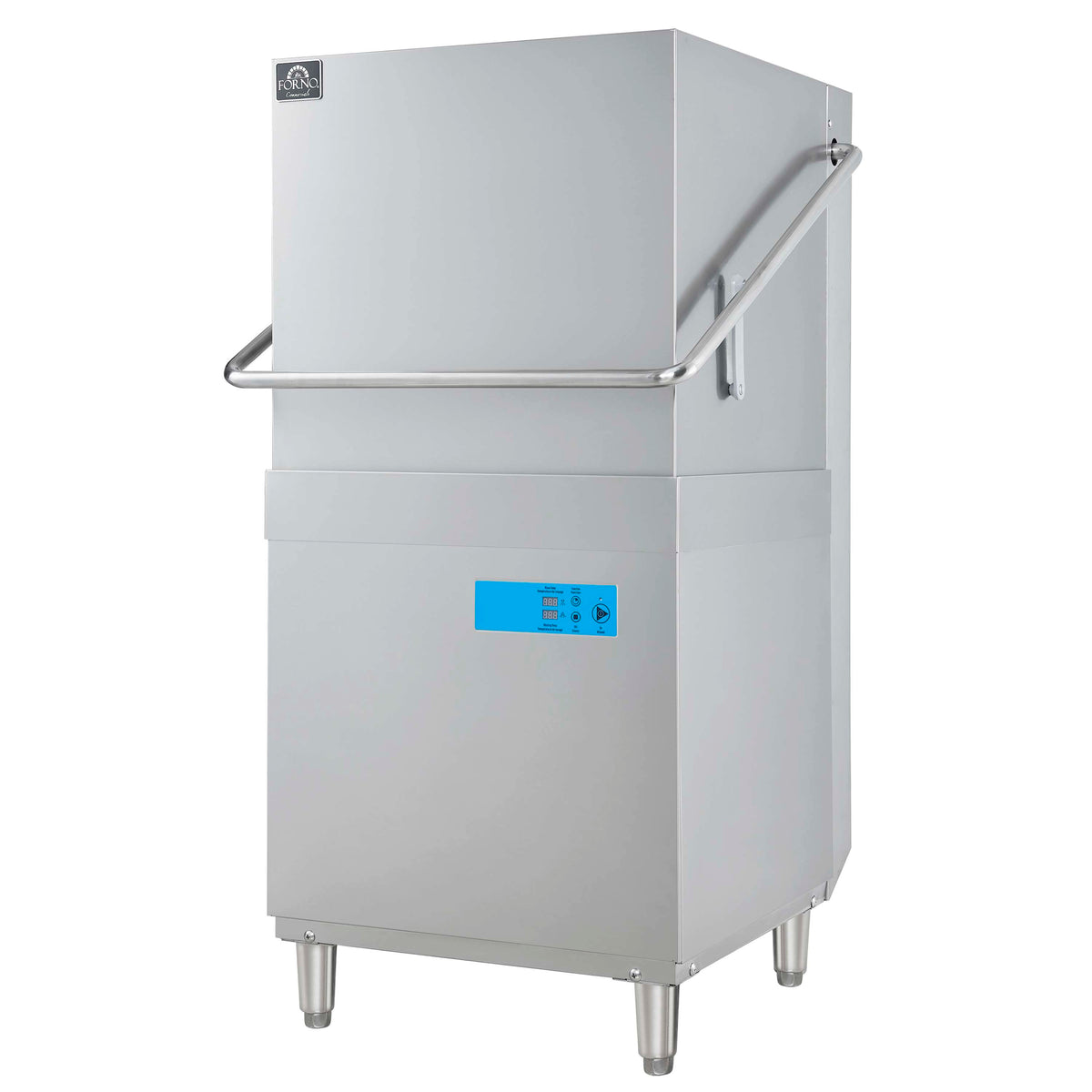 Commercial hood dishwasher front view with blue control panel and stainless finish