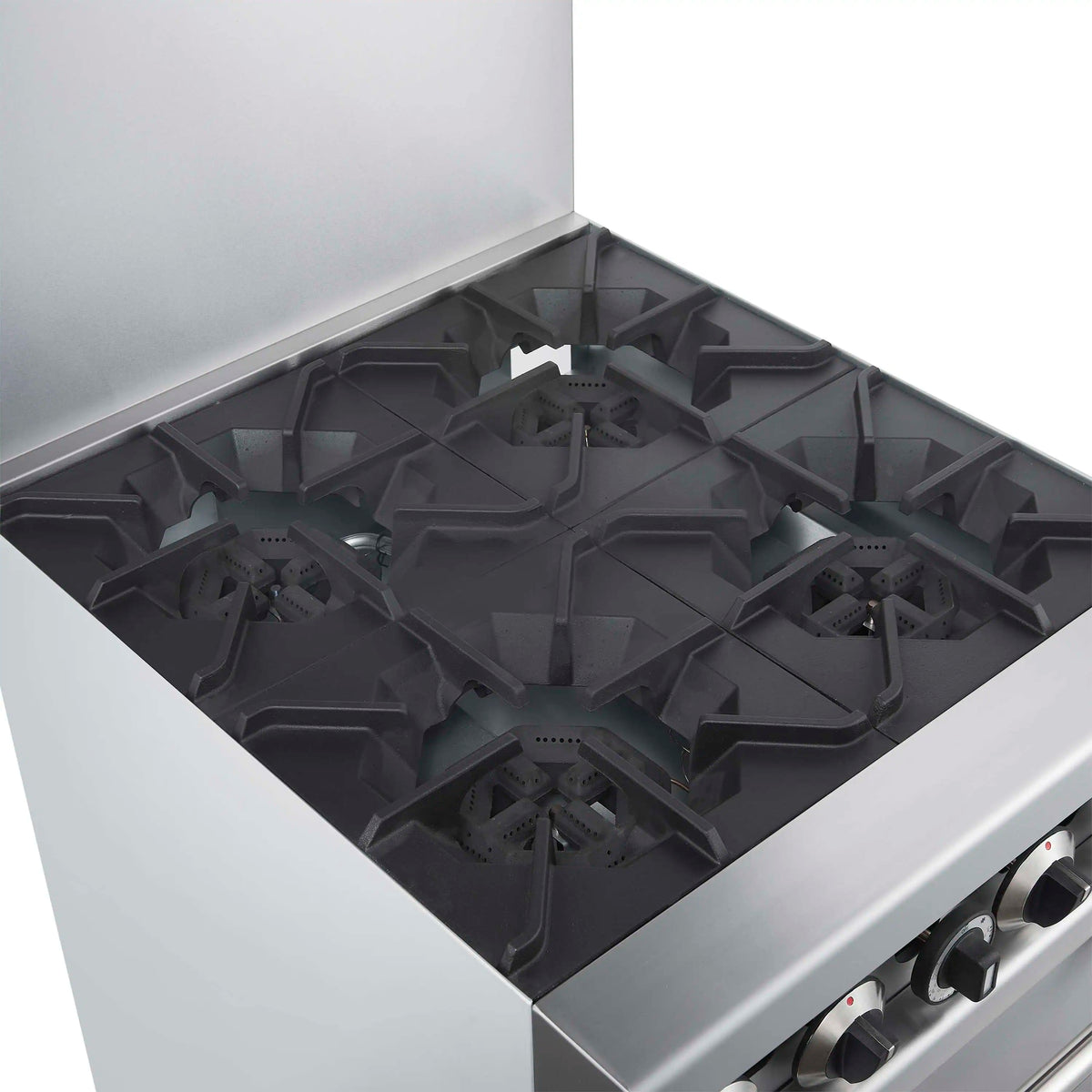 Stainless steel gas cooktop with four black burner grates