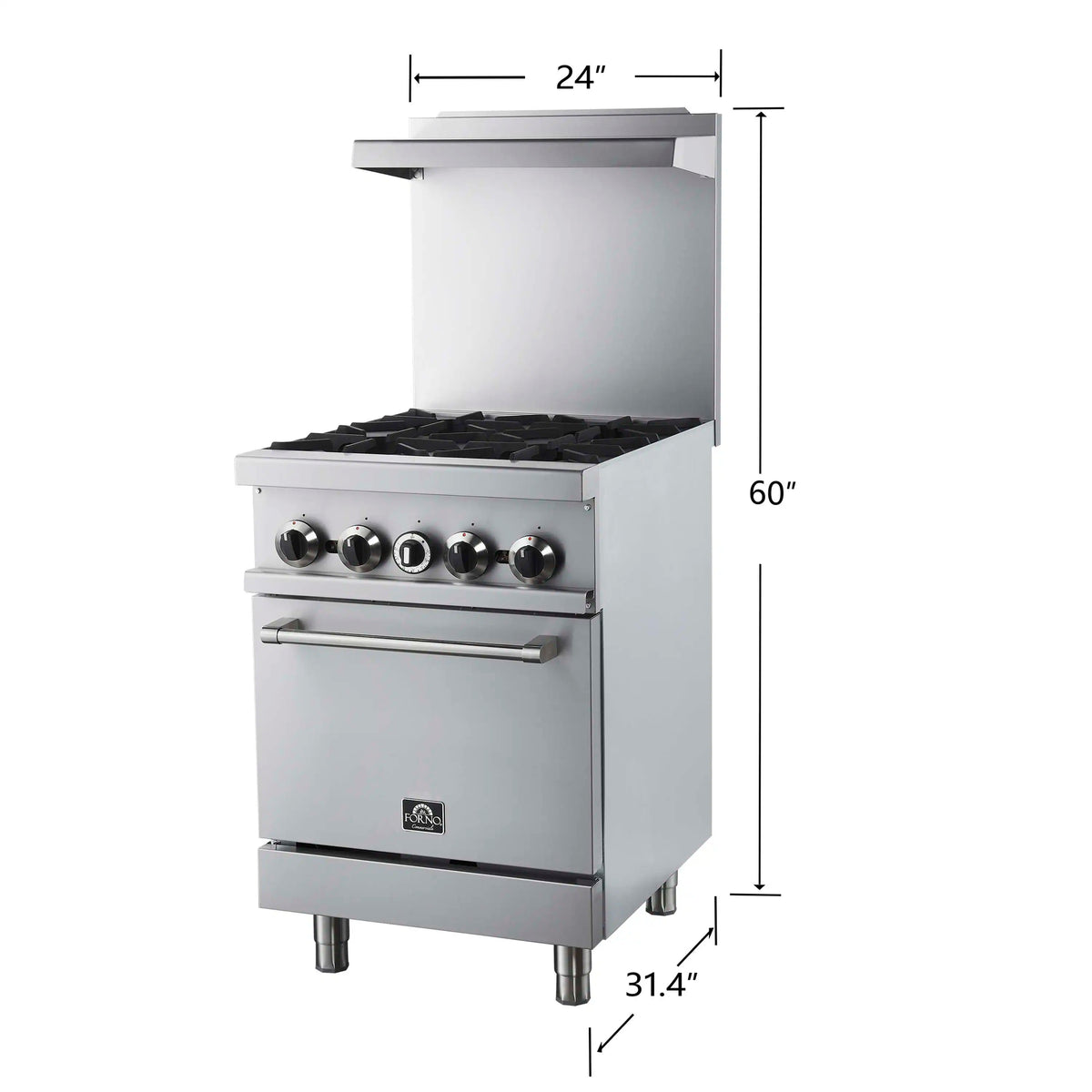 Stainless steel gas range with four burners, control knobs, and oven door