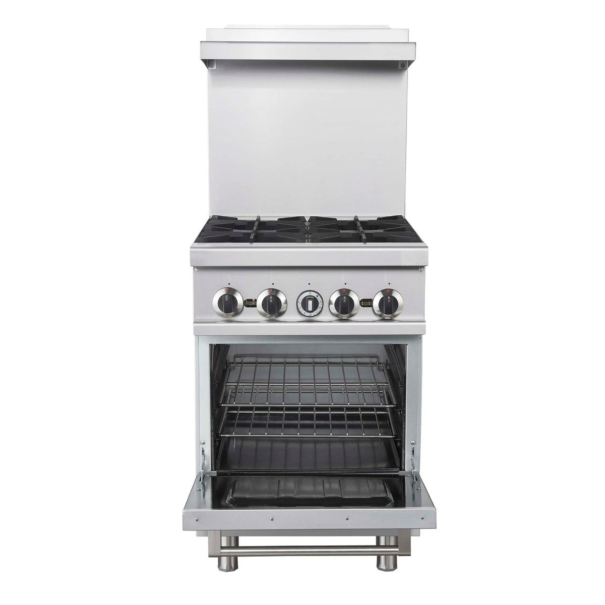 Stainless gas range with 4 burners and open oven door, showing wire racks