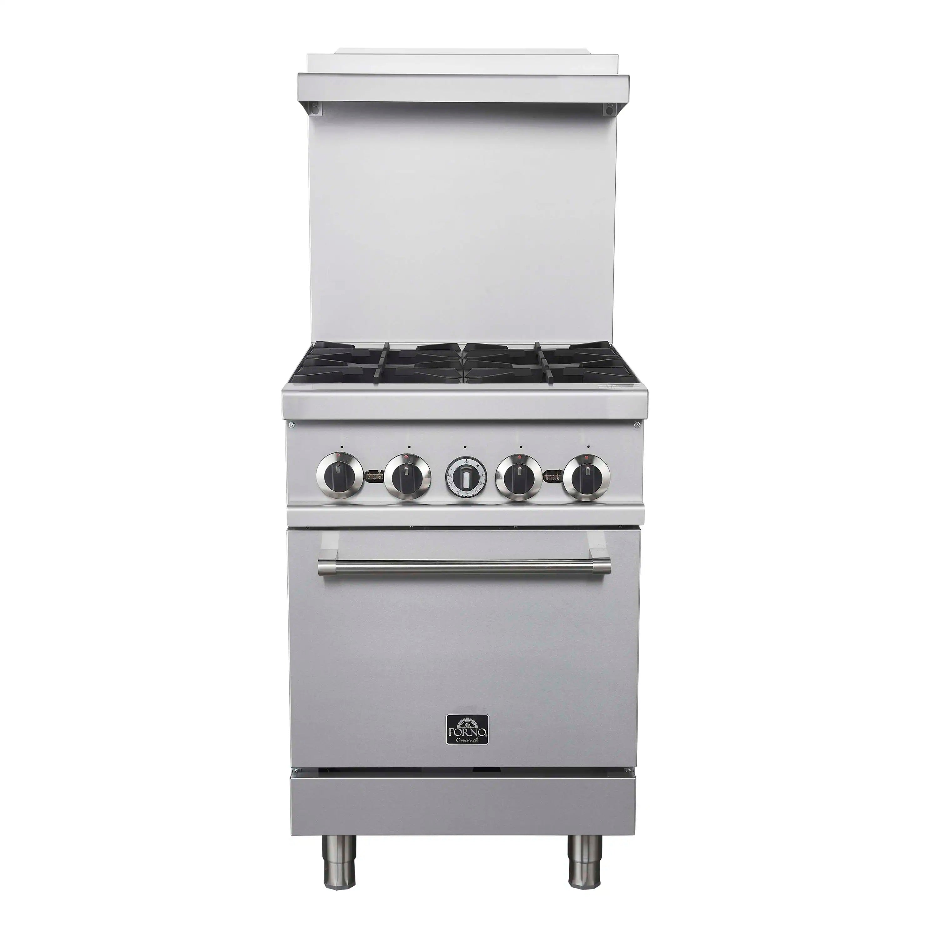 Stainless gas range with 4 burners, front control knobs, and closed oven