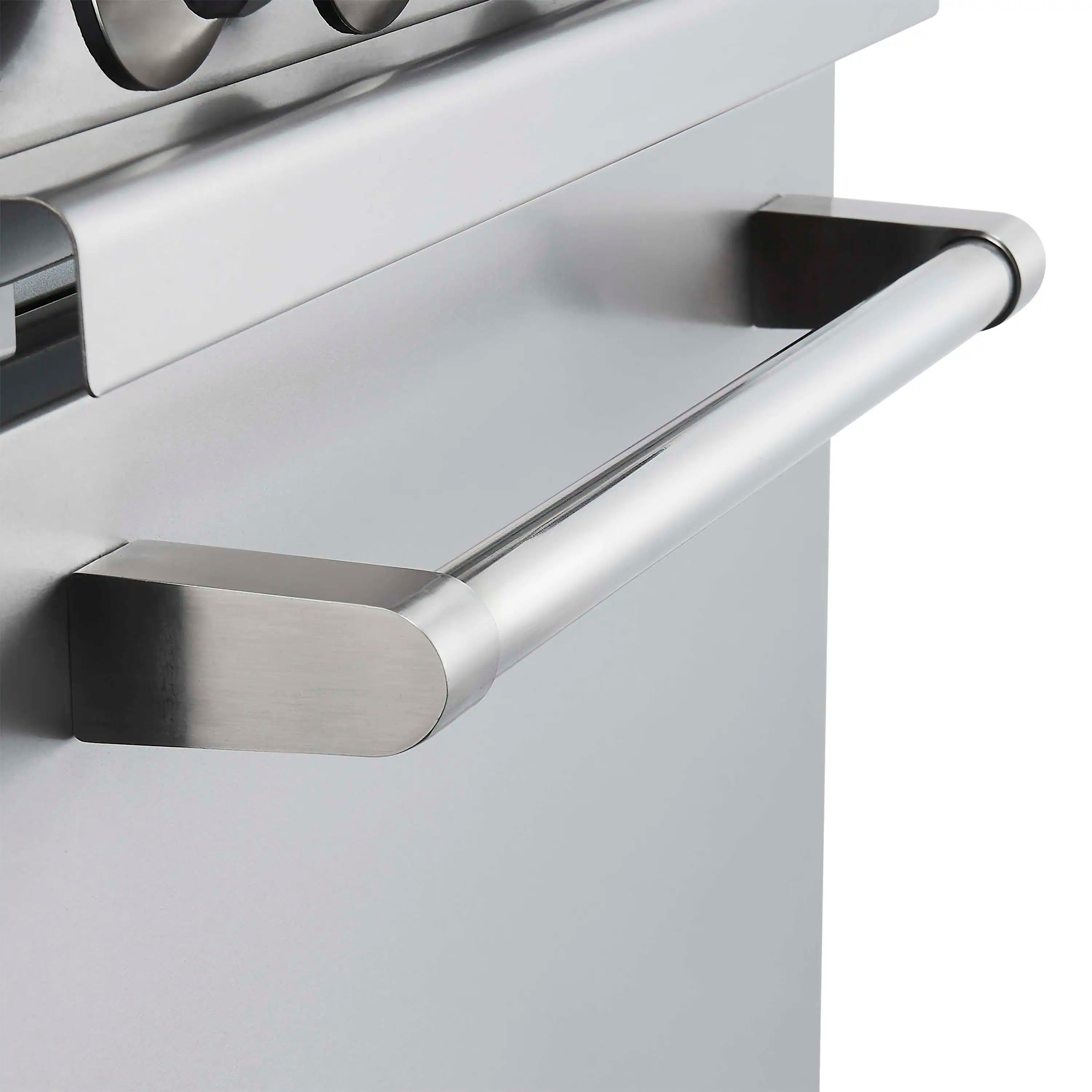 Stainless gas range oven door with long brushed metal handle
