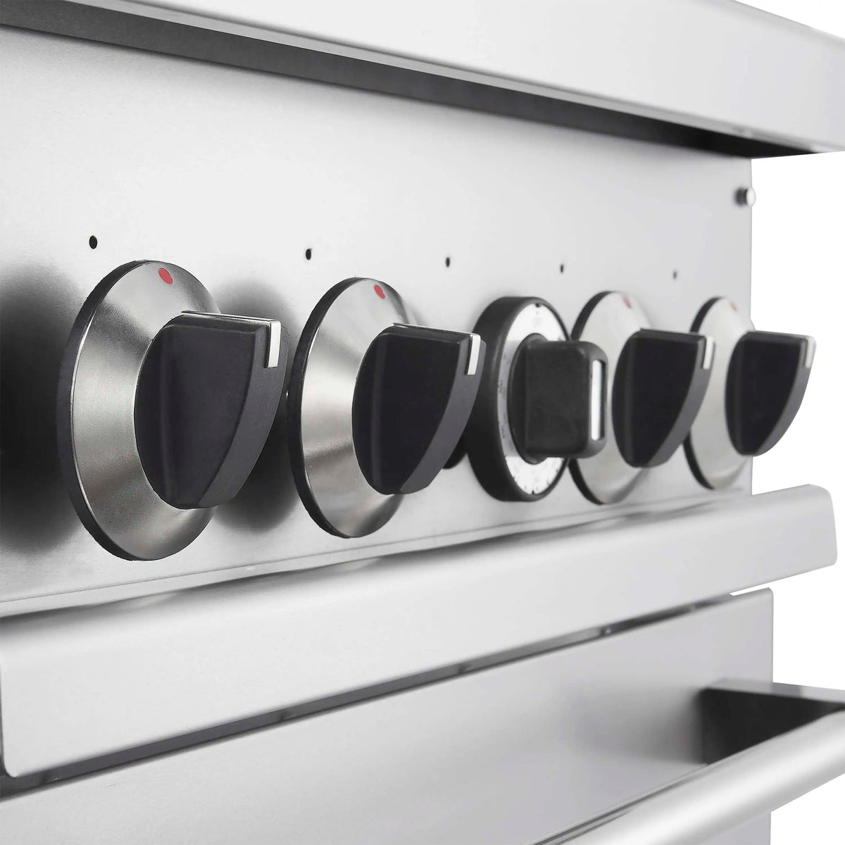 Stainless gas range front control panel with four burner knobs