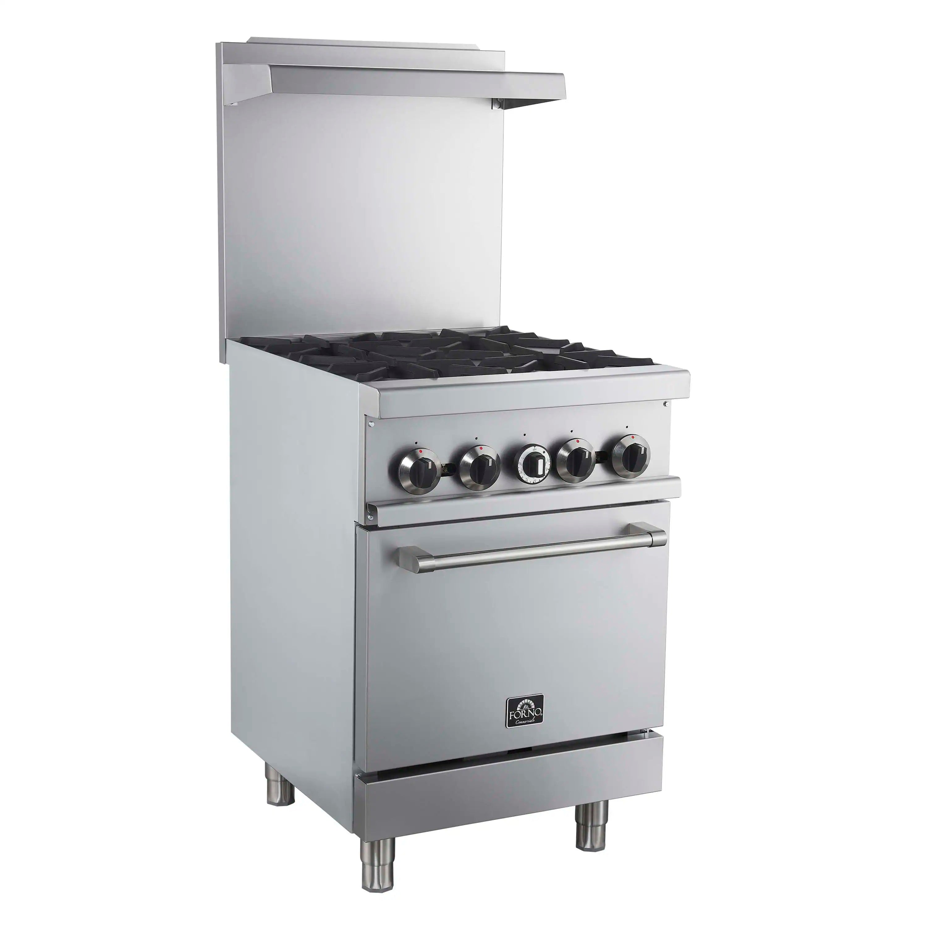 Stainless gas range with 4 burners, front control knobs, and oven door handle