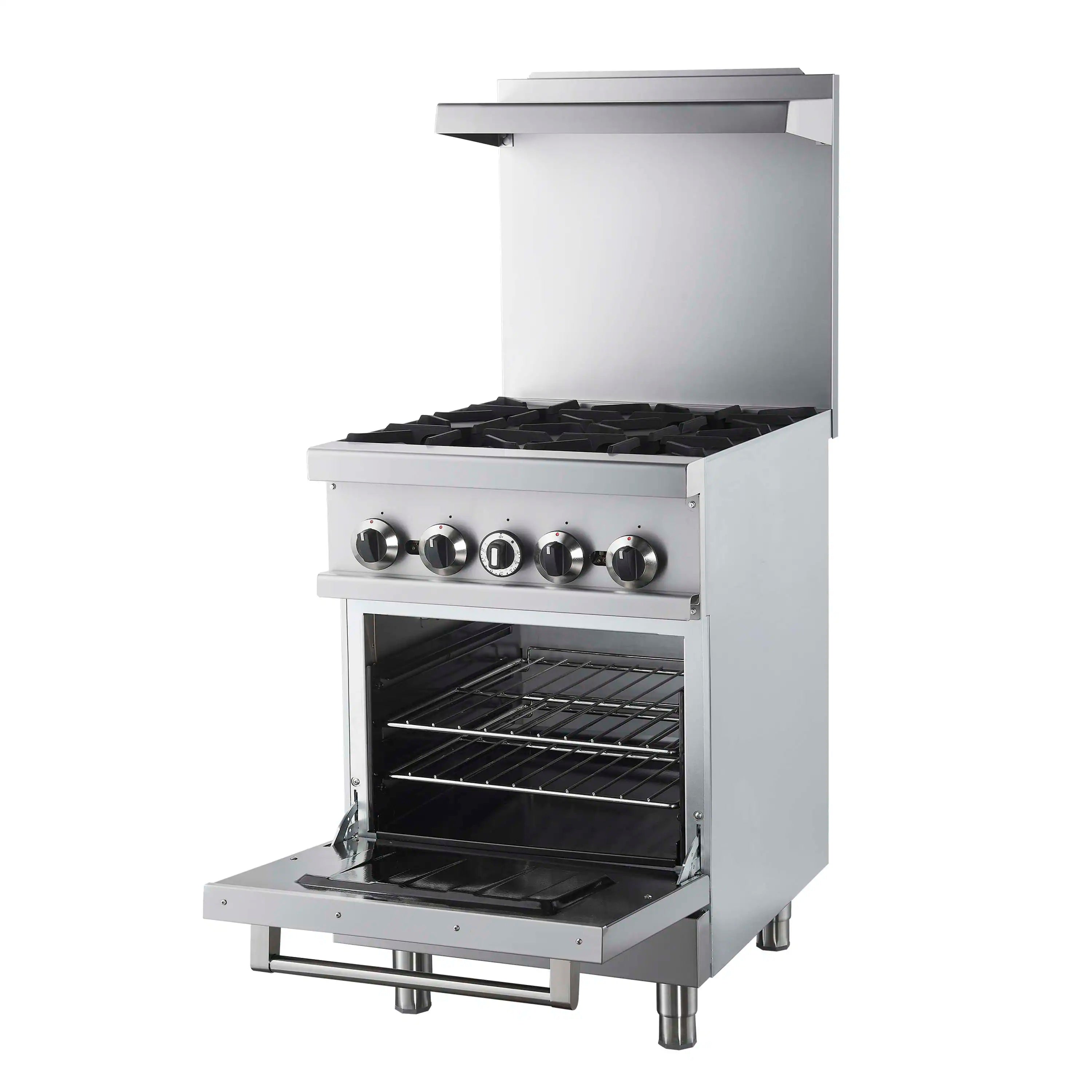 Stainless commercial gas range with 4 burners and open oven door