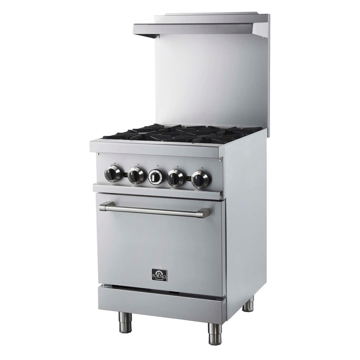 Stainless commercial gas range with 4 burners and open oven door