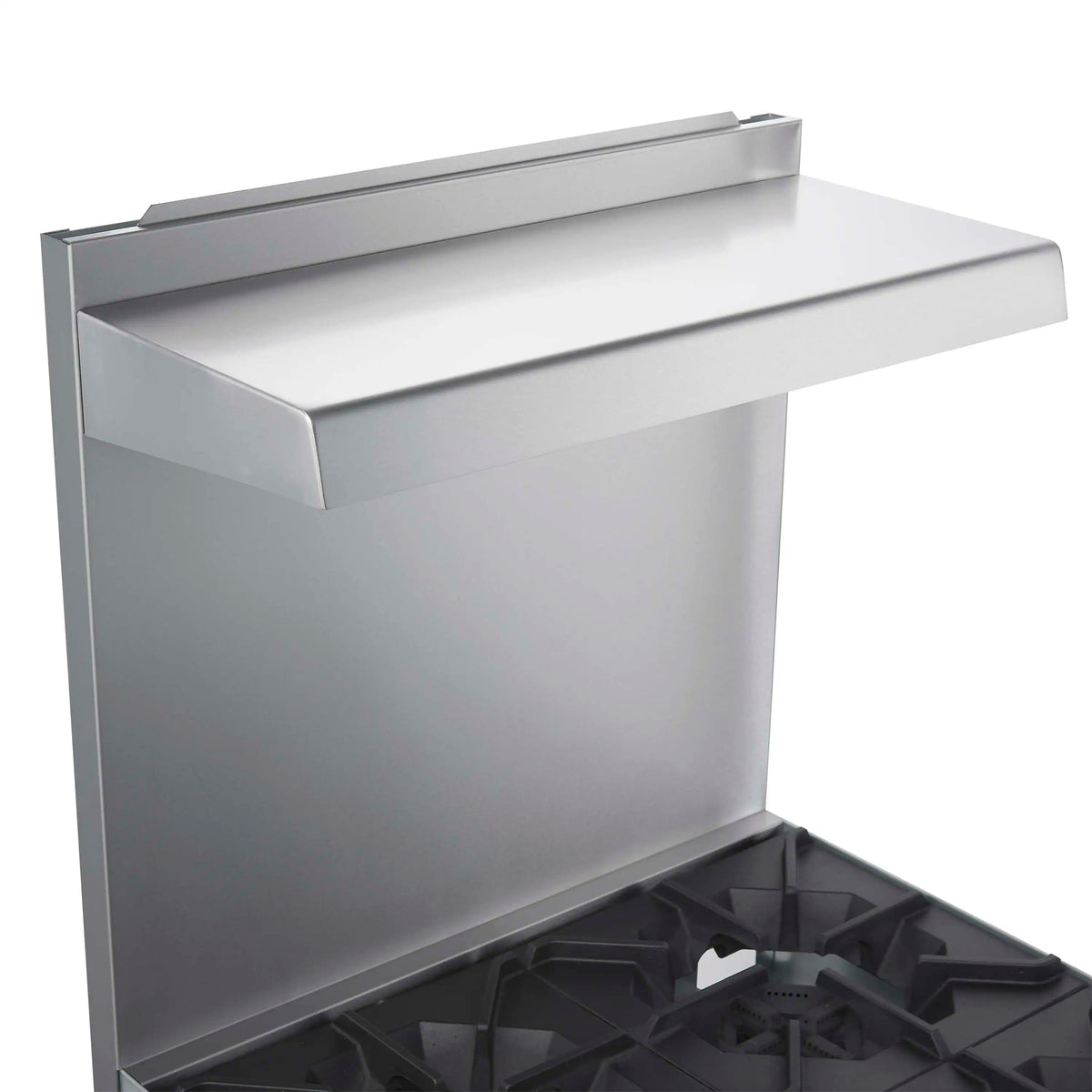 Stainless gas range lid open, showing burner grate and burner area