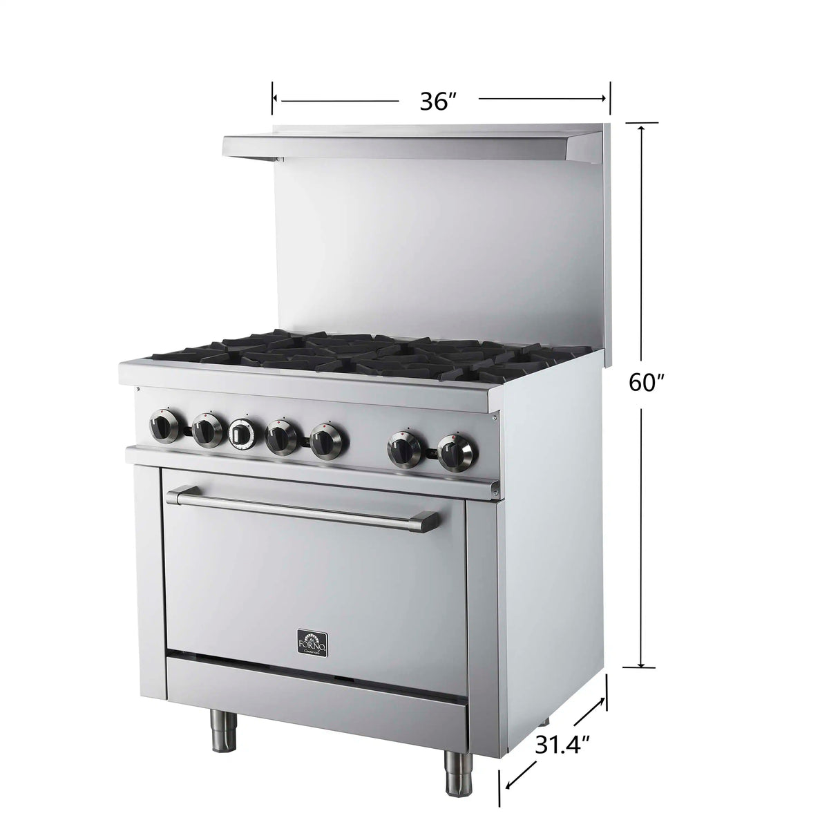 Stainless steel commercial 36-inch gas range with open hood and six burner knobs