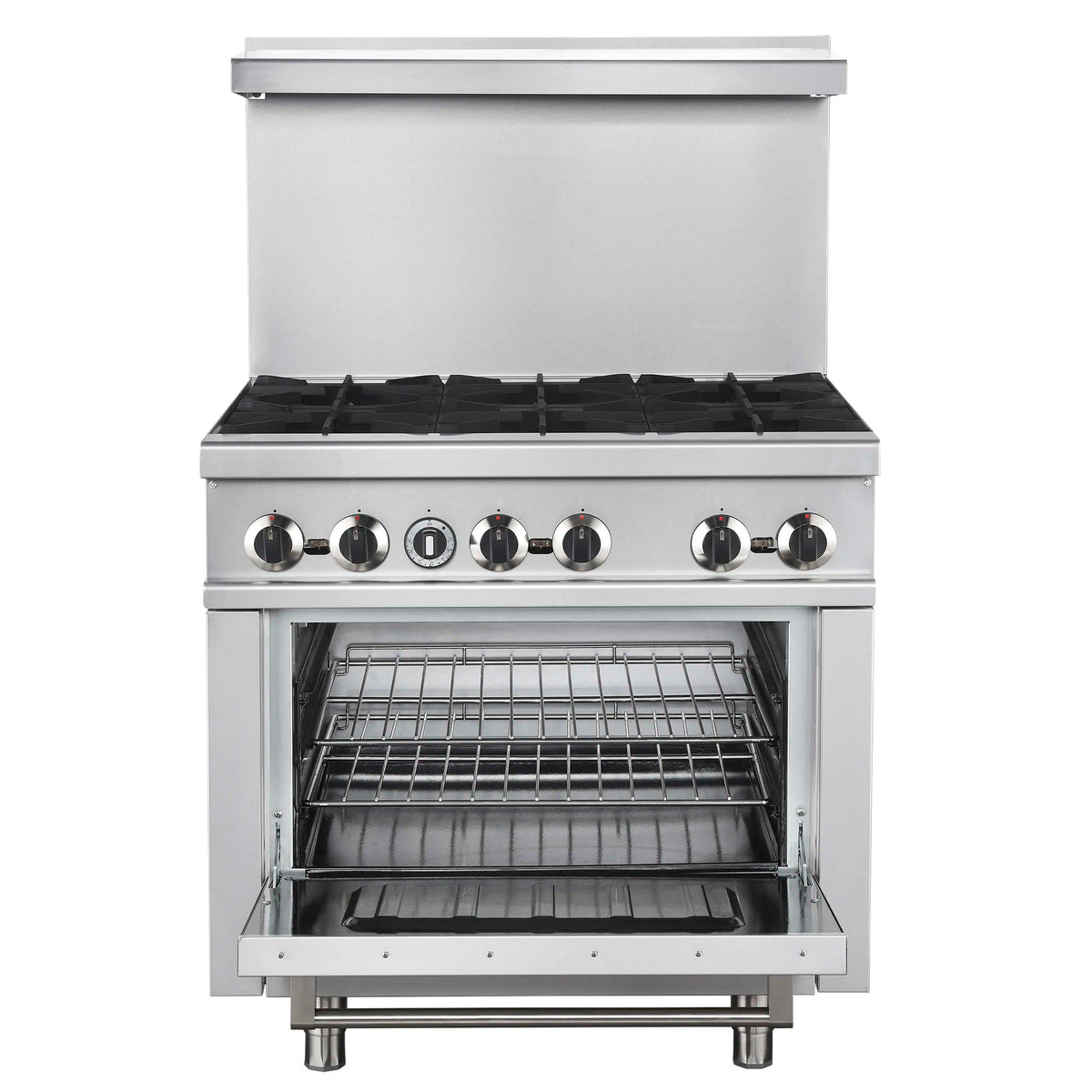 Stainless steel gas range with open oven door showing wire racks and broiler area