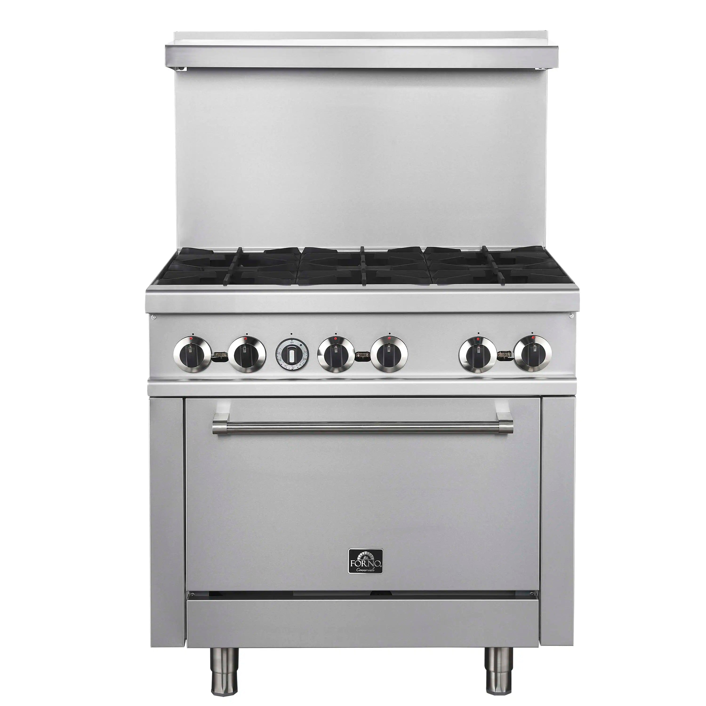 Stainless steel gas range with six burners, control knobs, and oven door