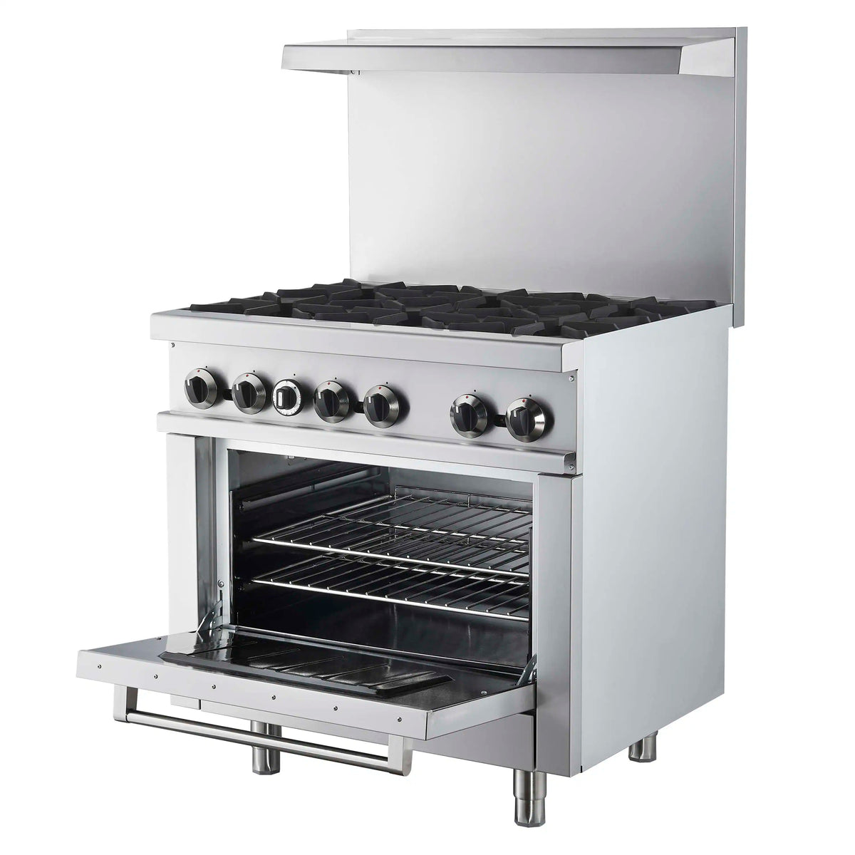 Stainless steel commercial gas range with open oven door, burners and control knobs