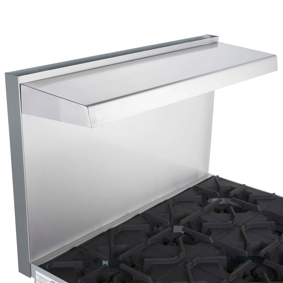 Stainless steel gas range cooktop with black grates and raised lid/hood