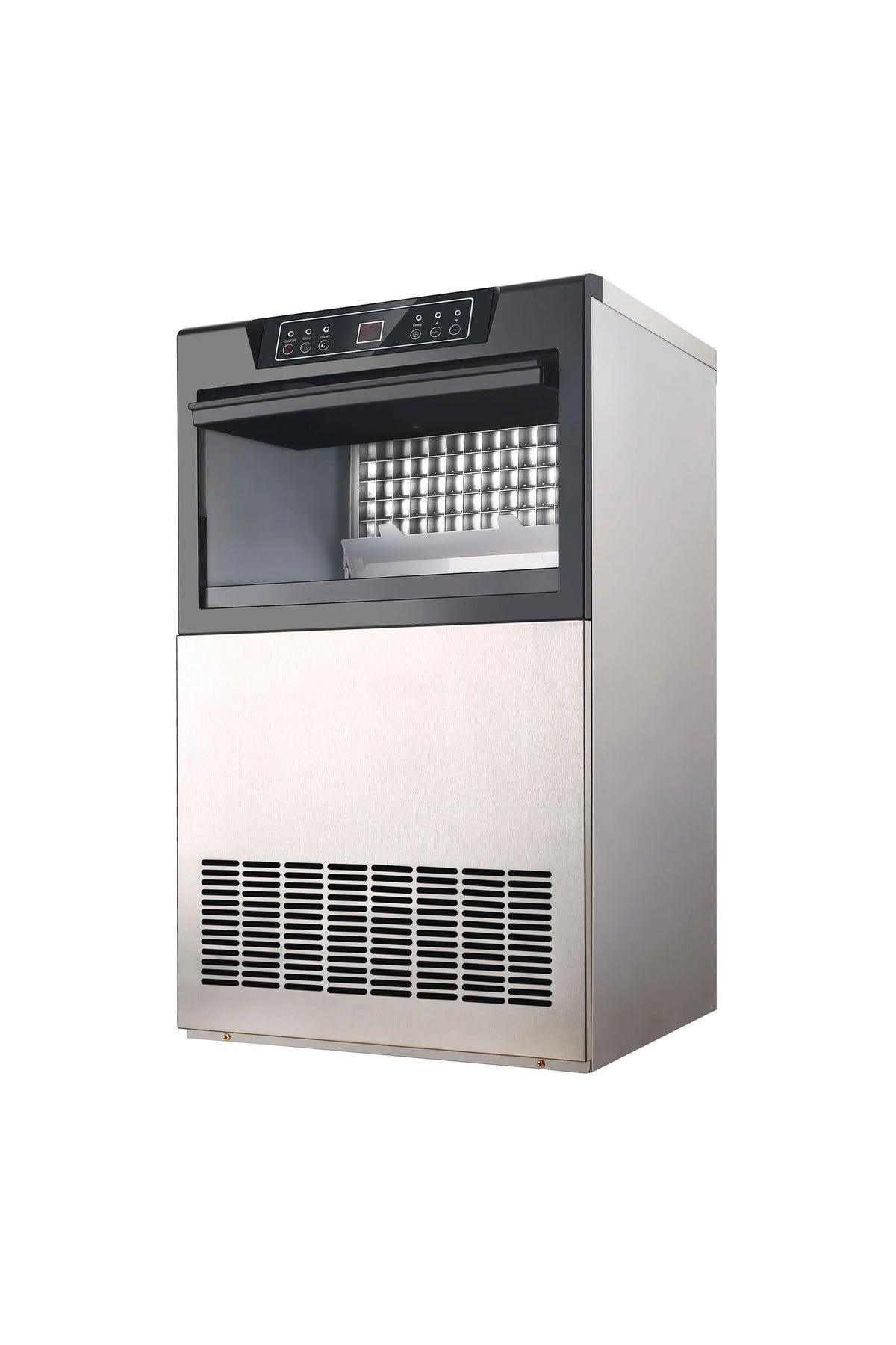 Commercial ice maker with front viewing window showing ice cube tray and black control panel