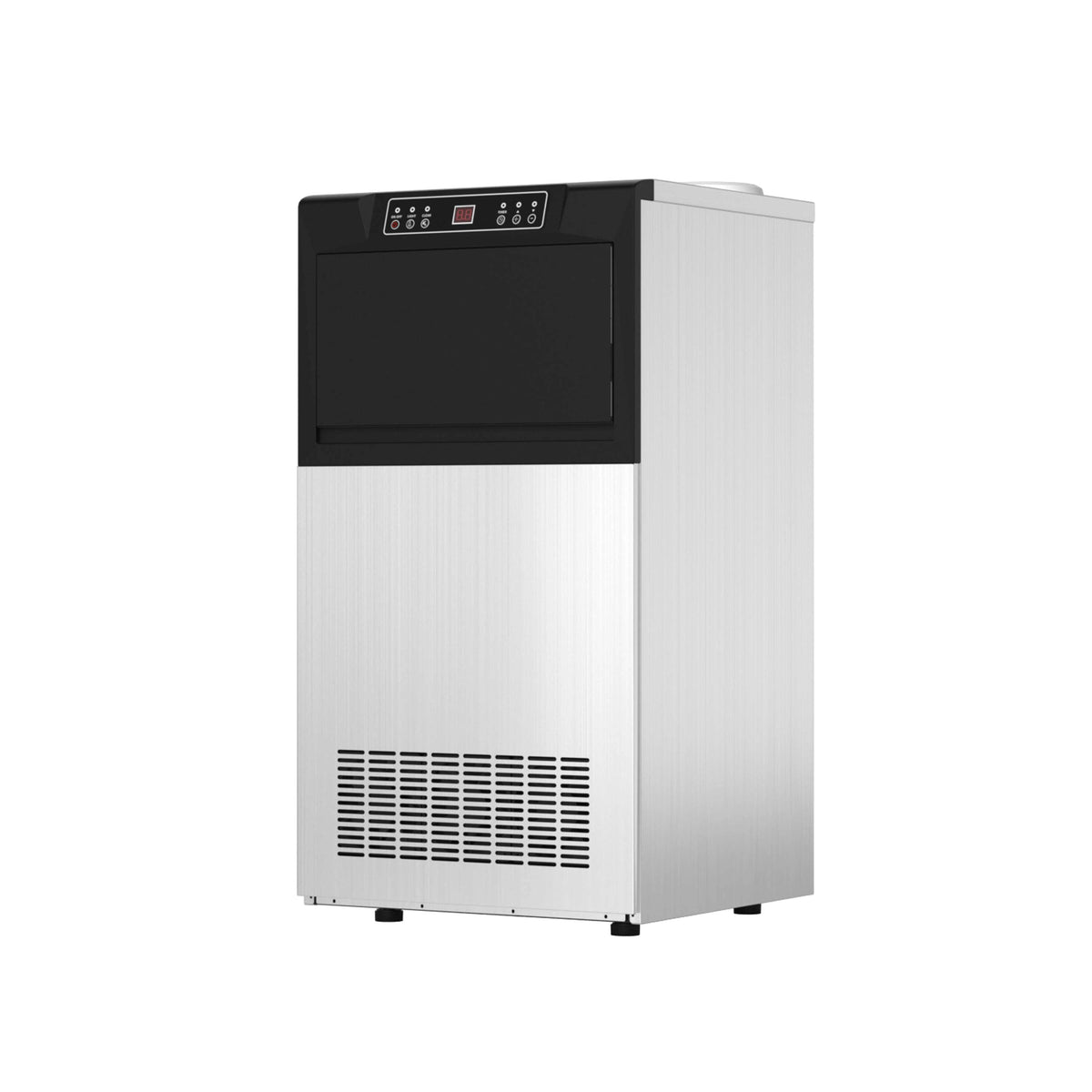 Commercial ice maker with stainless side panels, black control top and front ventilation grille