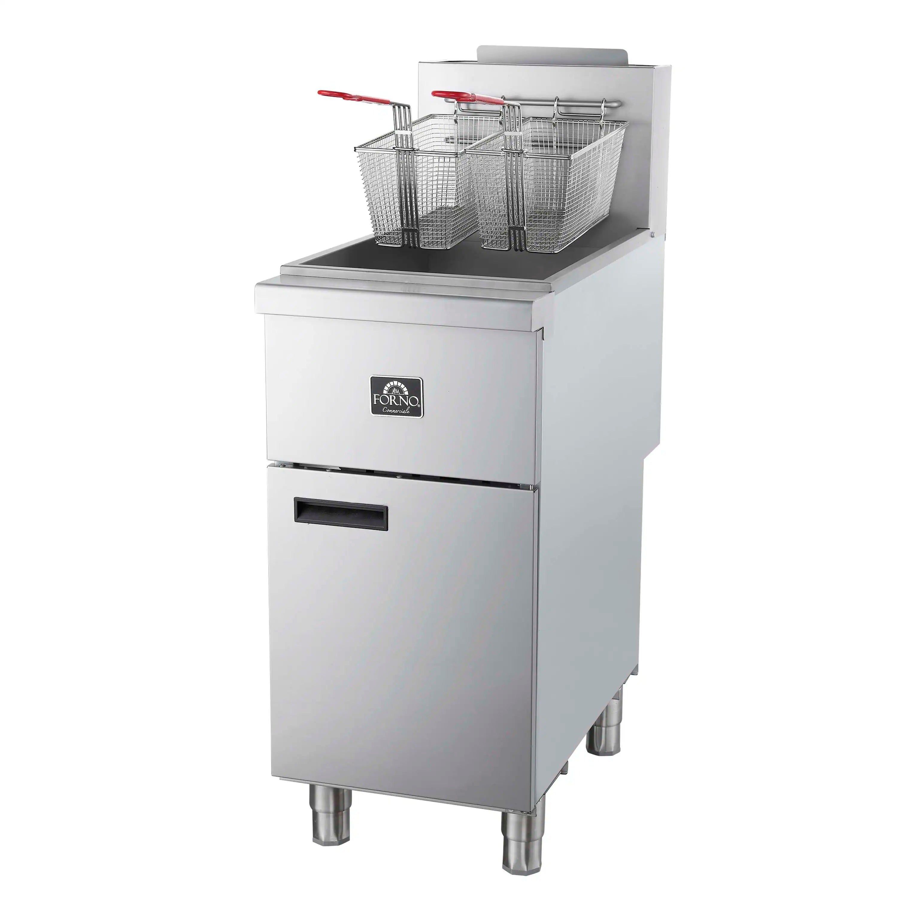 Commercial deep fryer with three wire baskets on open top and stainless steel cabinet