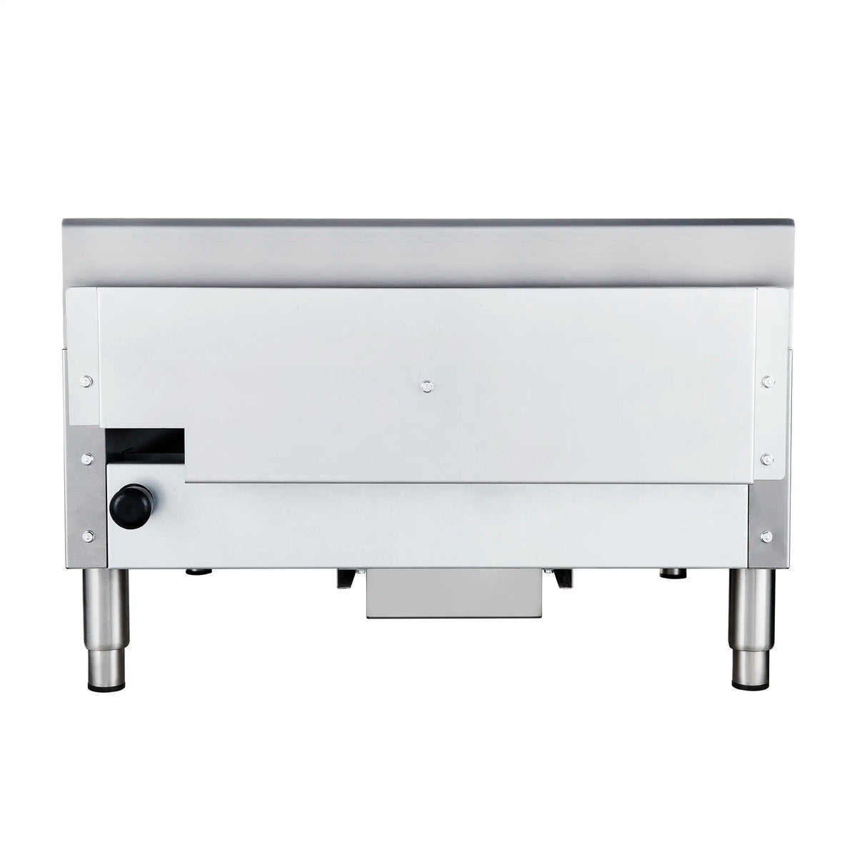 Back view of stainless steel 24-inch gas griddle with rear panel and left knob