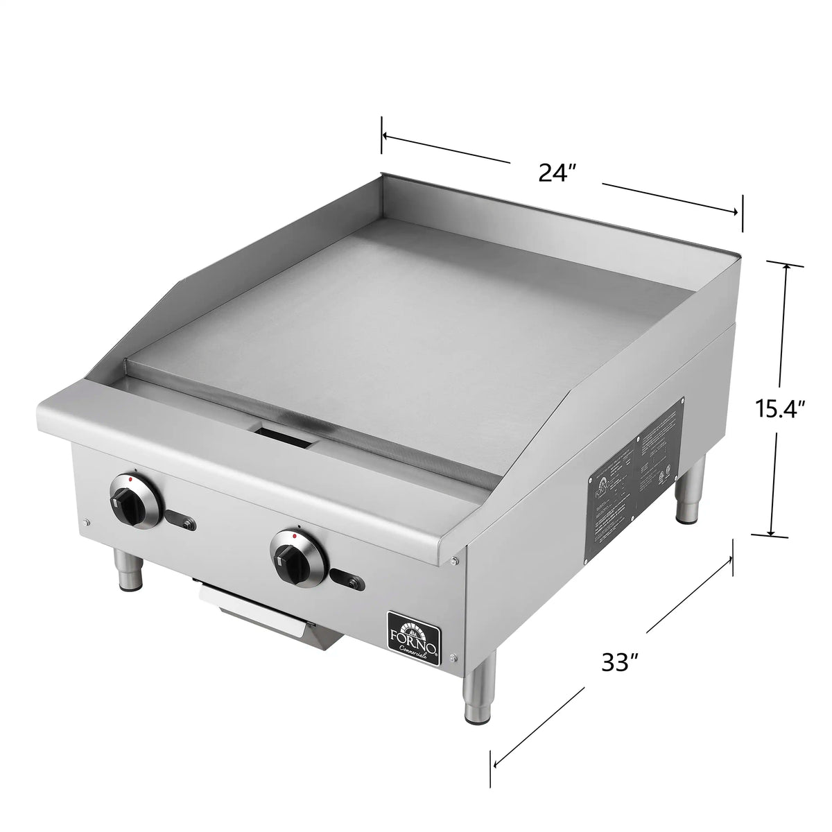 24-inch stainless steel gas griddle with two front control knobs and raised legs
