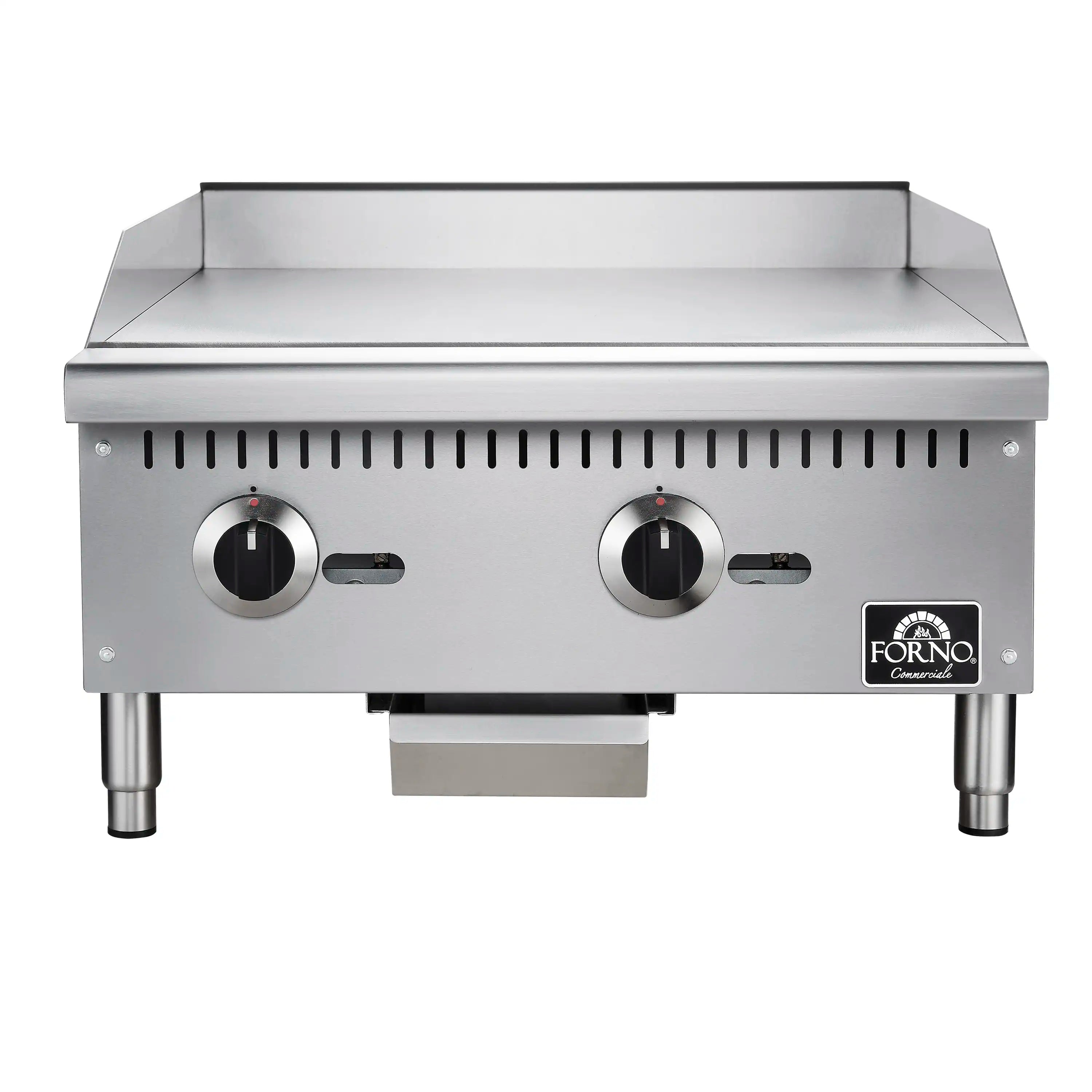 24-inch stainless steel gas griddle, front view with two burners control knobs and vents