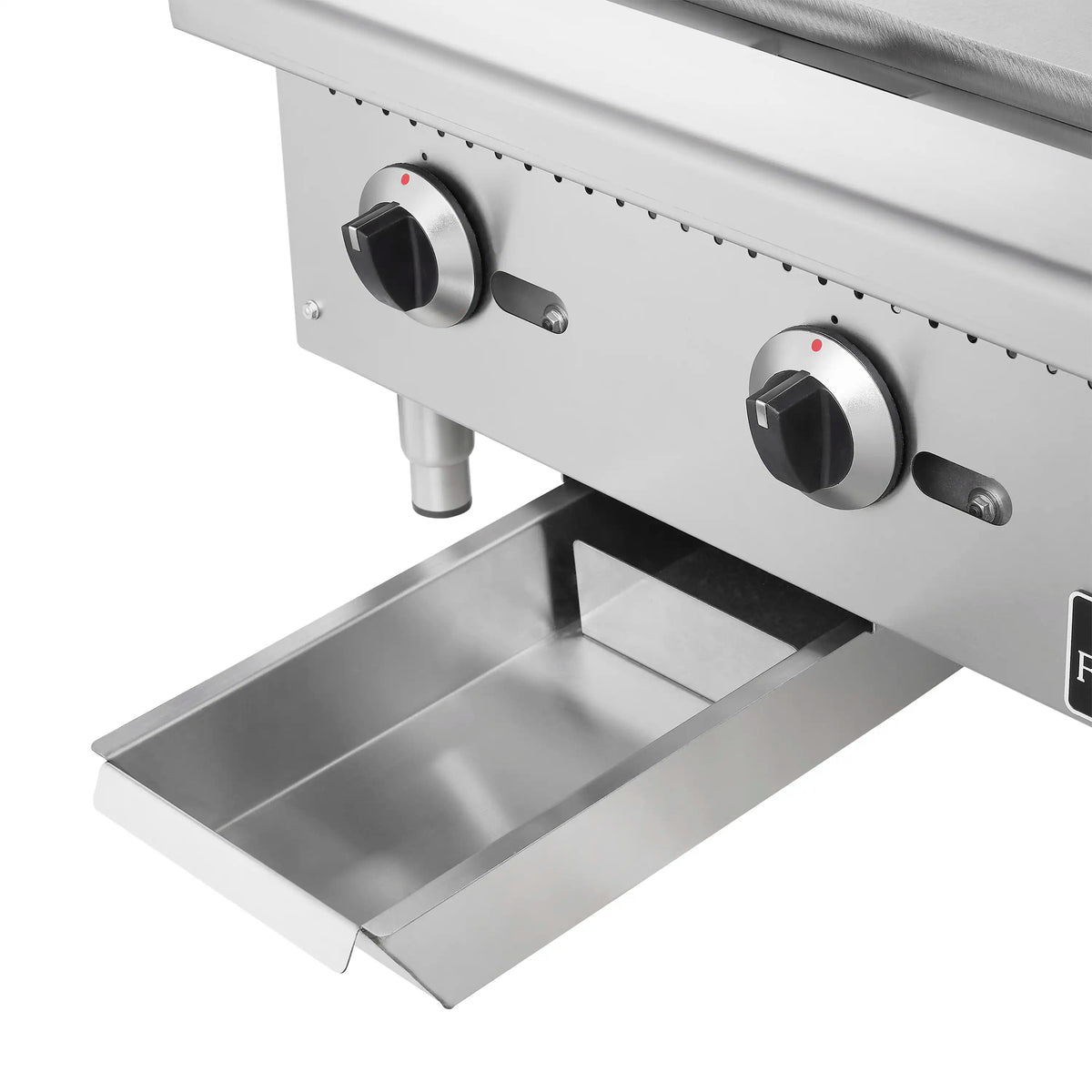 24-inch stainless steel gas griddle with two knobs and front grease tray pulled out
