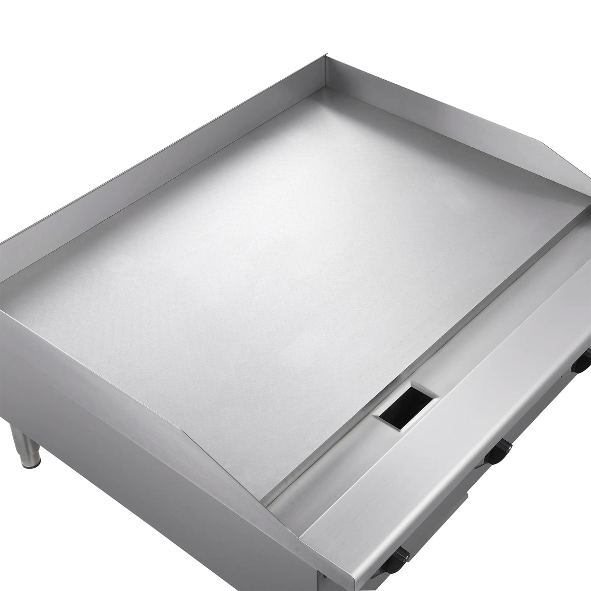 Stainless steel 36-inch gas griddle with flat griddle plate and raised sides