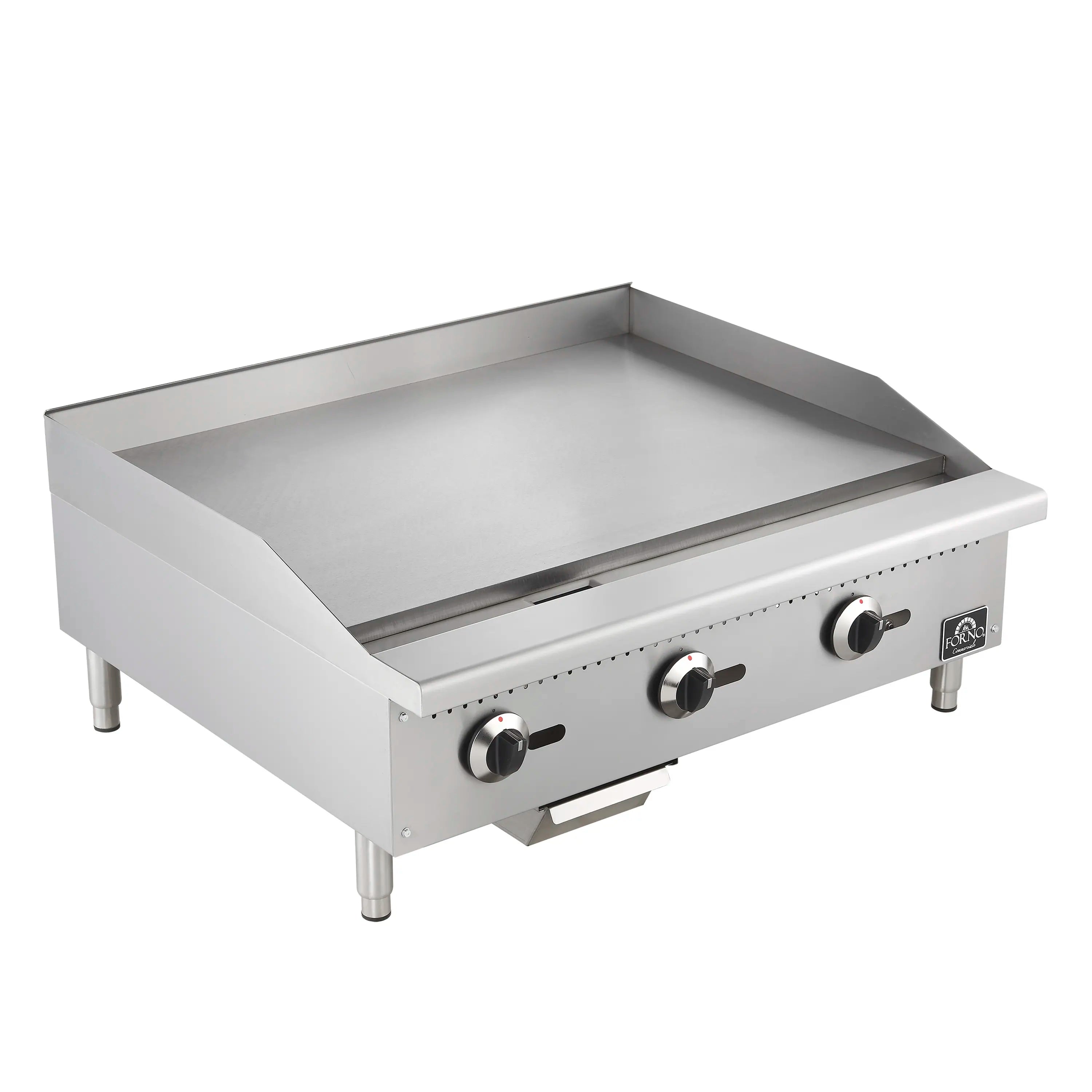 Stainless steel gas griddle with flat griddle top and front control knobs