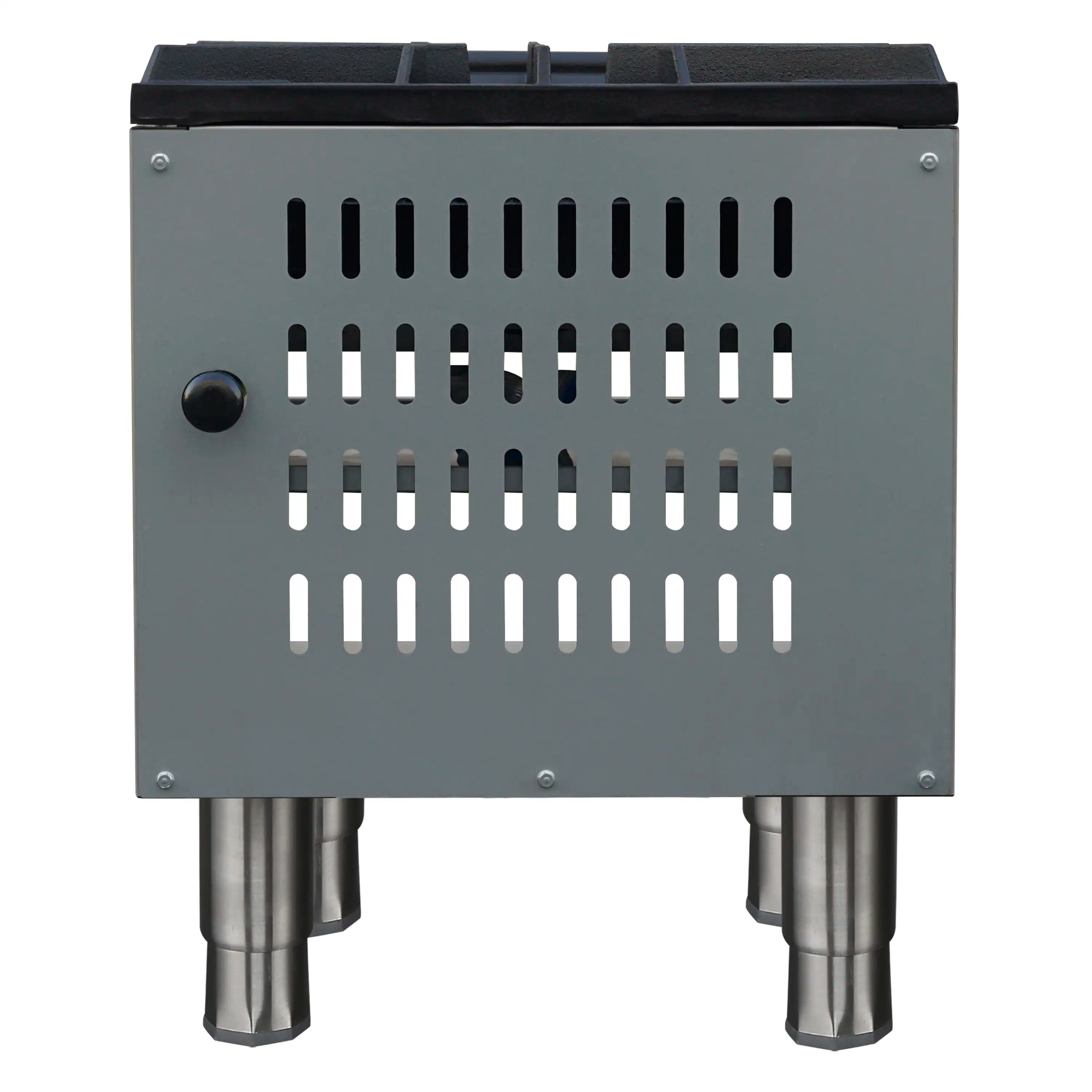 Stainless steel back panel of gas stock pot range with ventilation slots and legs