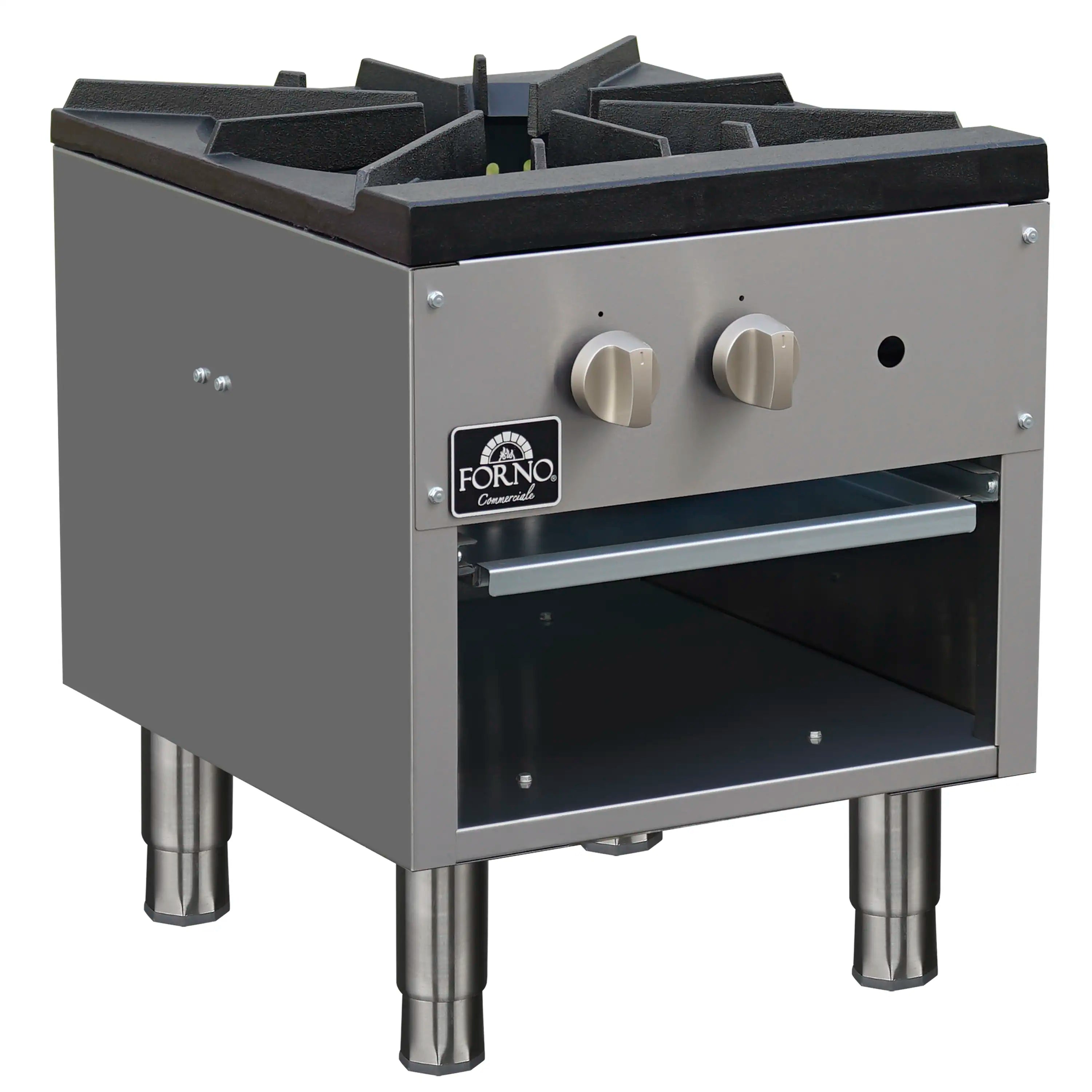 Stainless steel commercial gas stock pot range with cast iron grate and front side view