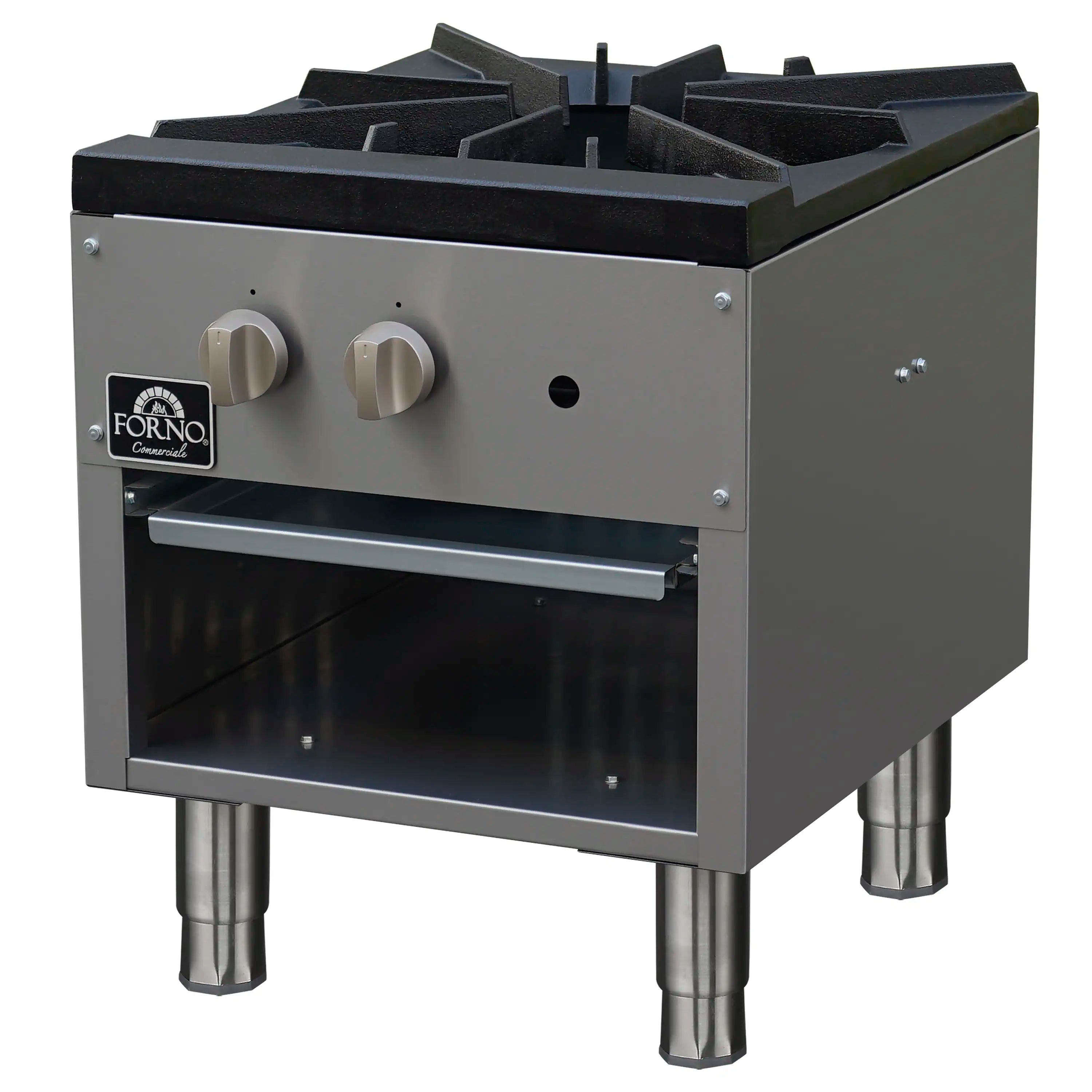 Stainless steel gas stock pot range with front control knobs and open front compartment