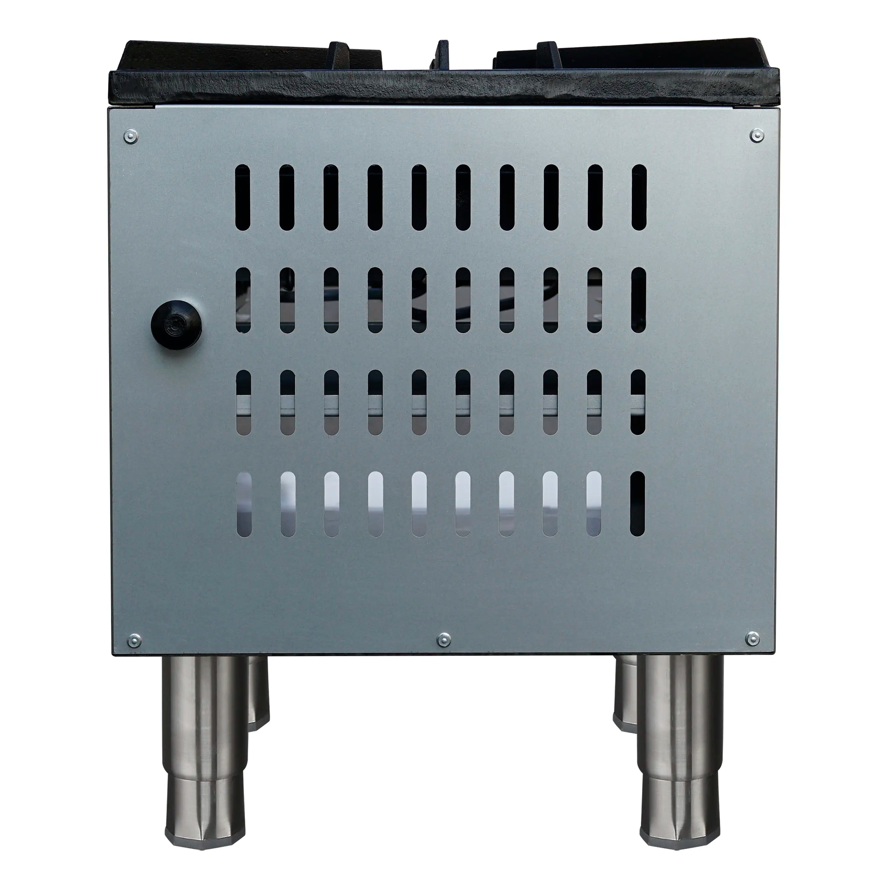 Commercial gas stock pot range side vent panel with stainless steel housing and legs