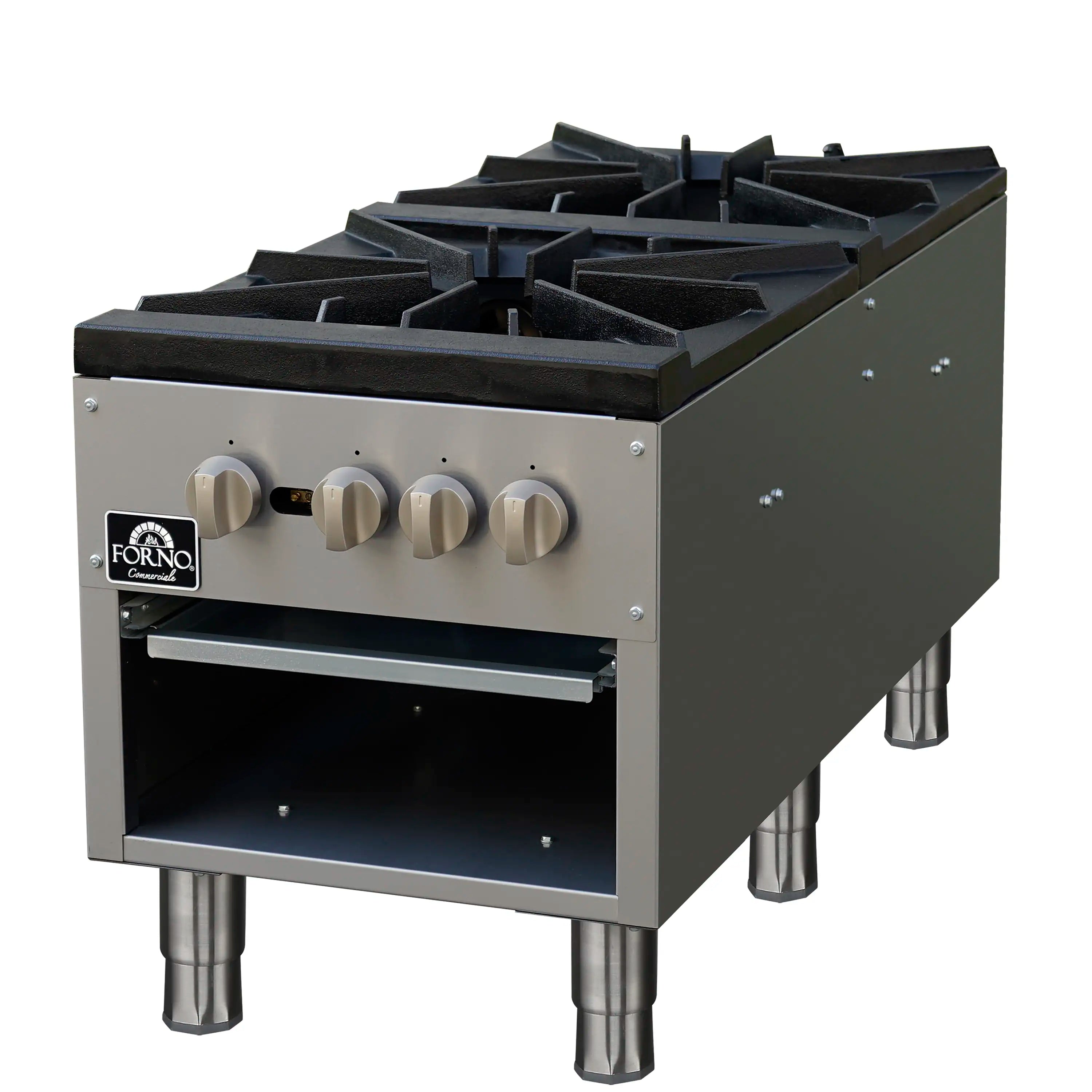 Commercial gas stock pot range with stainless body, black cast iron grates, 4 control knobs