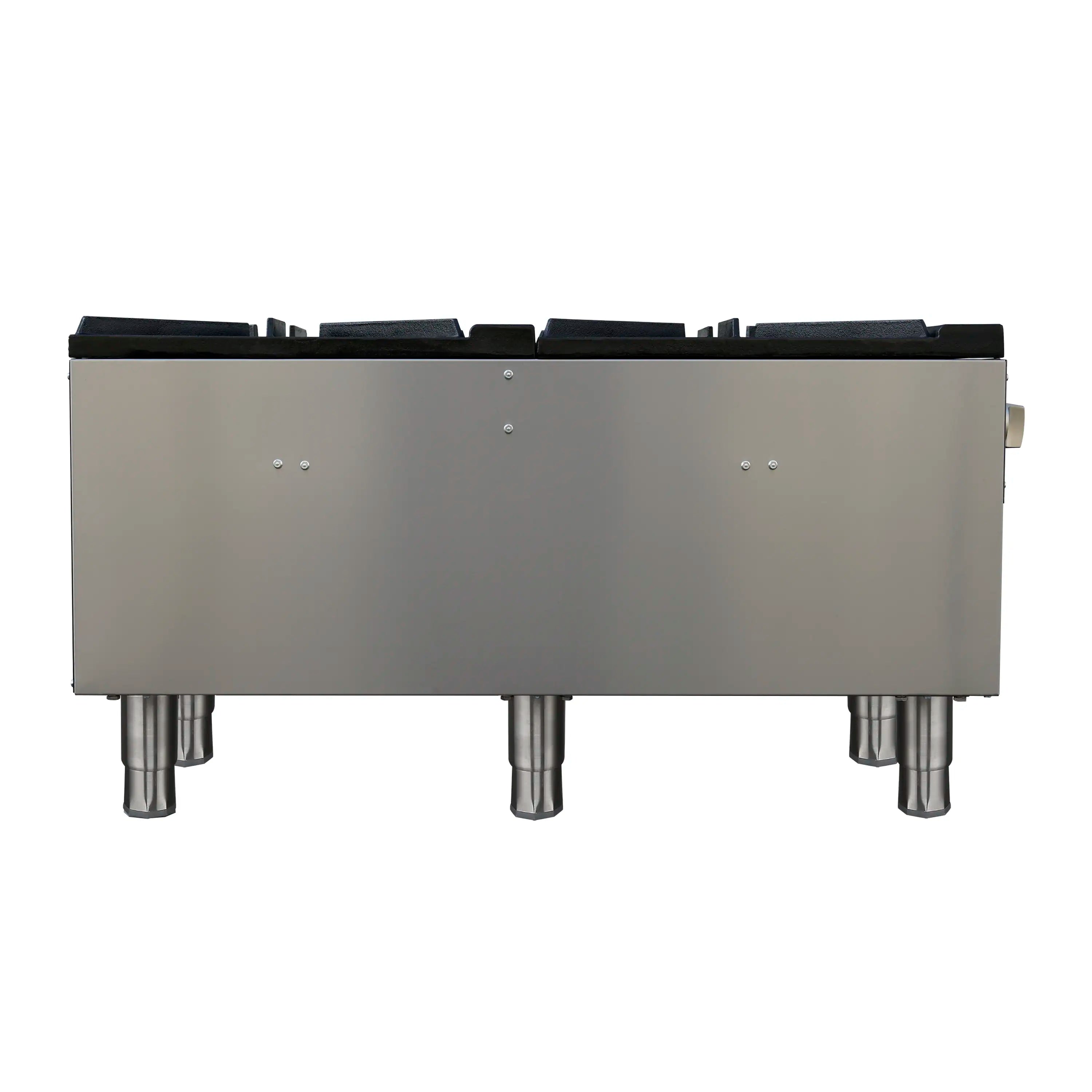 Commercial gas stock pot range with stainless rear panel and four adjustable legs