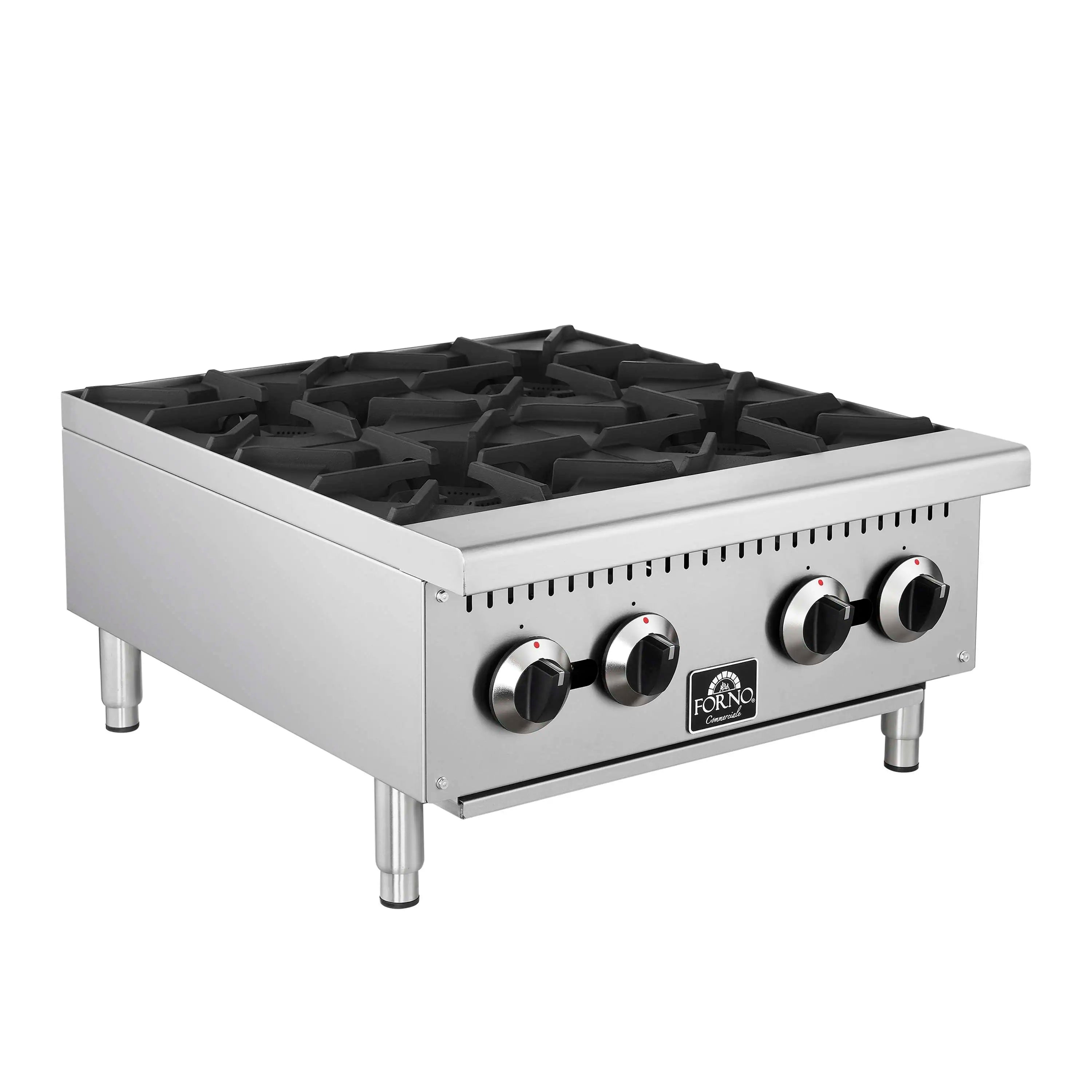 Stainless steel gas hotplate with black cast-iron burner grates and four front control knobs