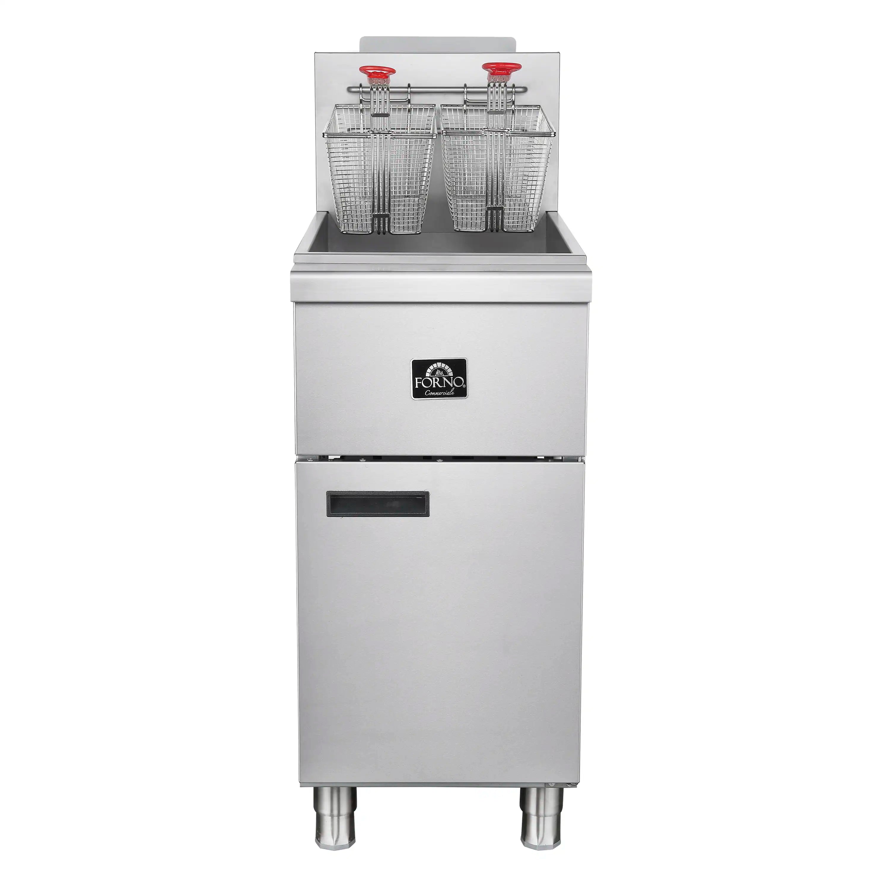 Commercial propane deep fryer front view with two wire fry baskets and control panel