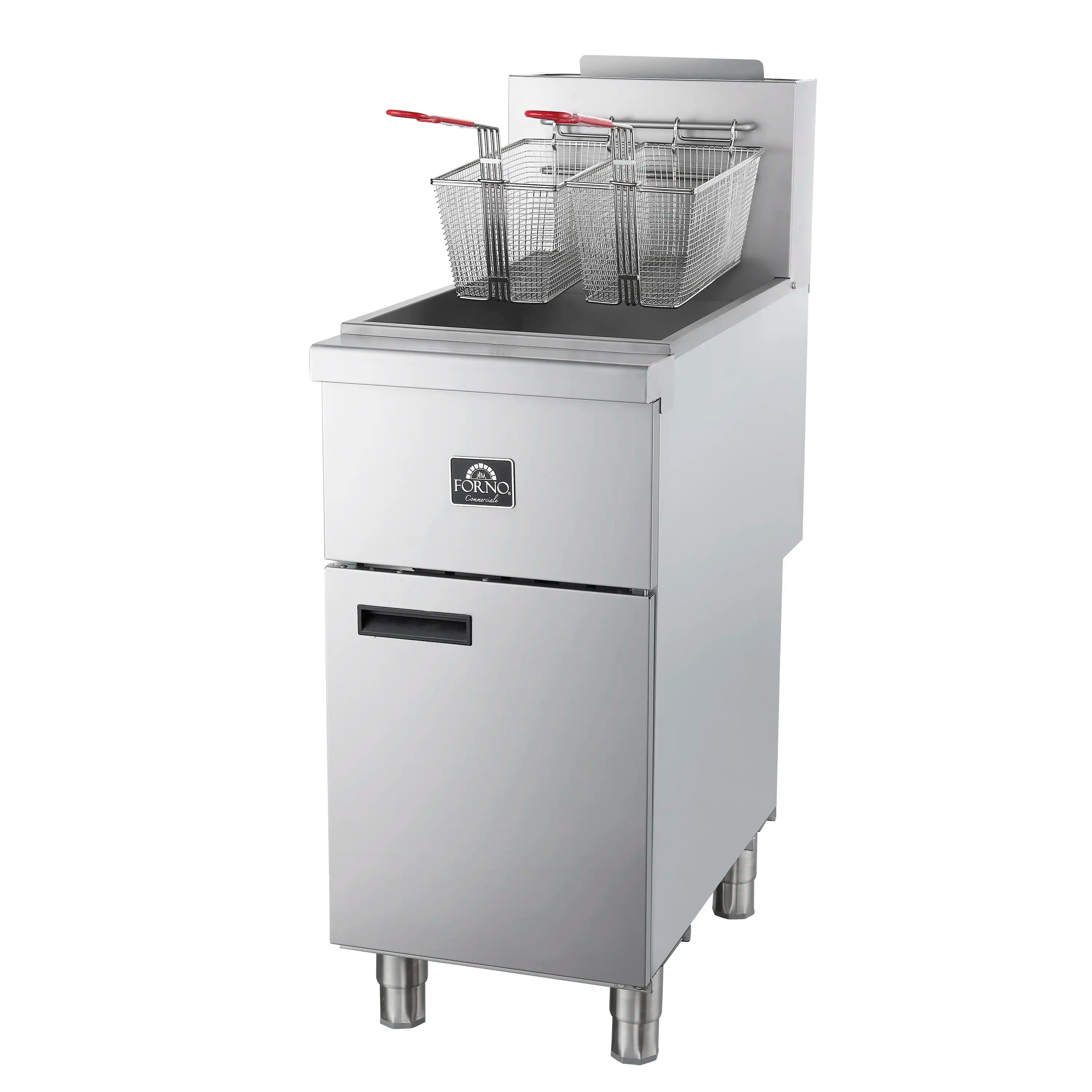 Commercial propane deep fryer with two wire fry baskets on stainless steel tank